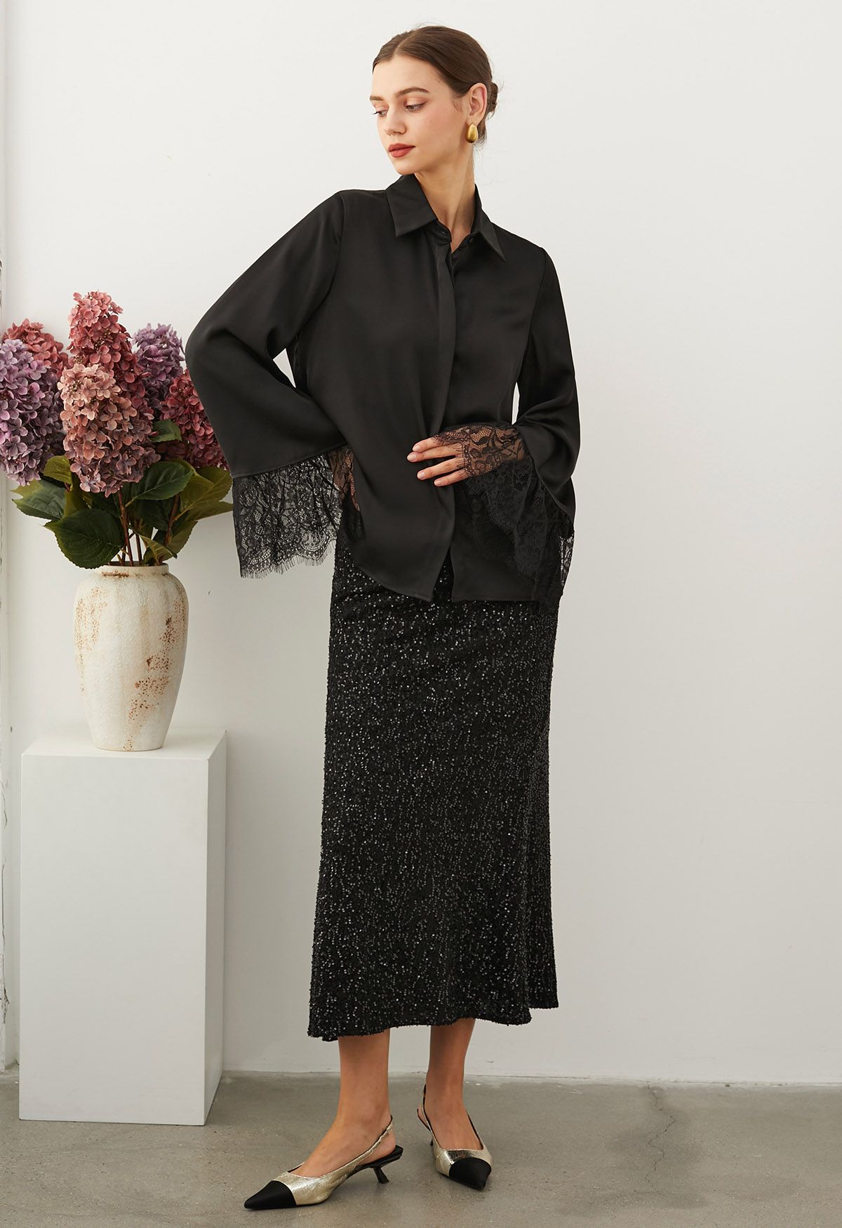 Lace Cuff Bell-Sleeve Satin Shirt in Black