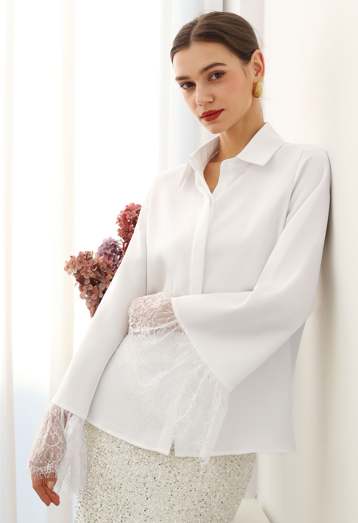 Lace Cuff Bell-Sleeve Satin Shirt in White