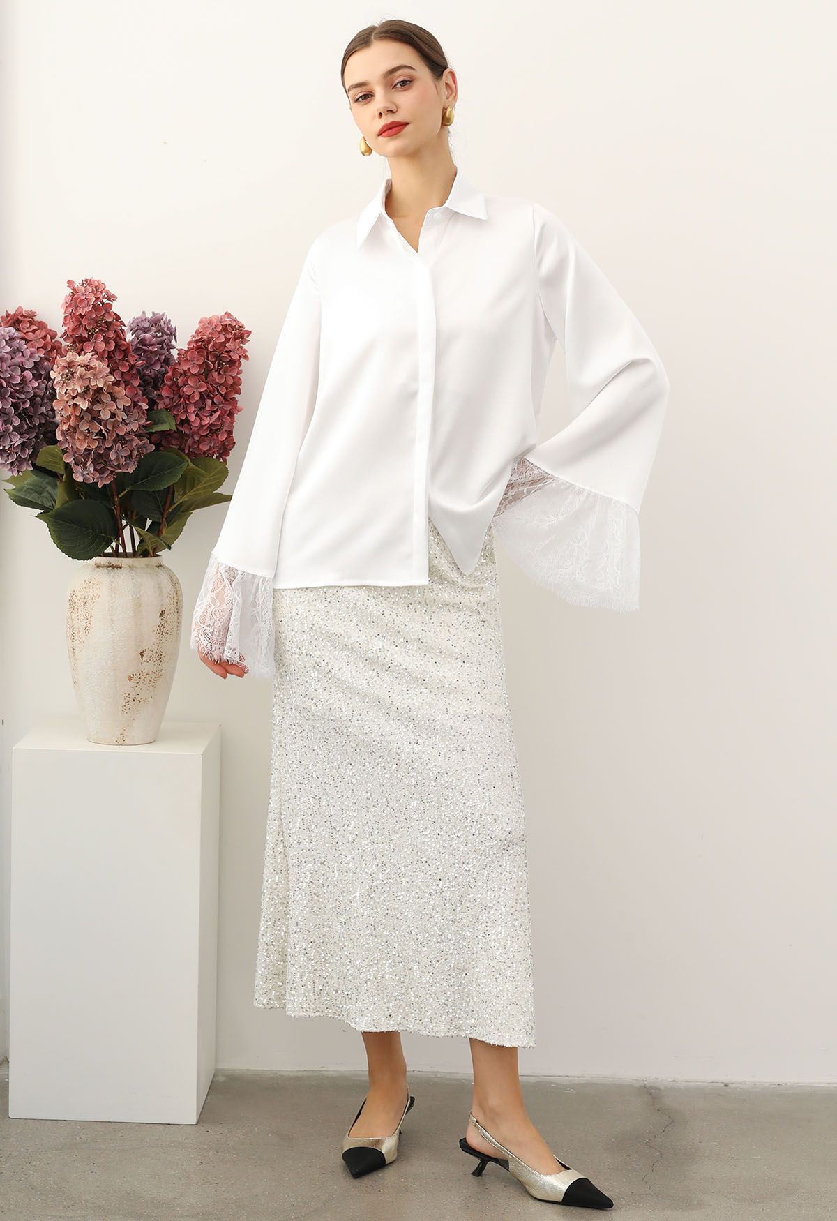 Lace Cuff Bell-Sleeve Satin Shirt in White