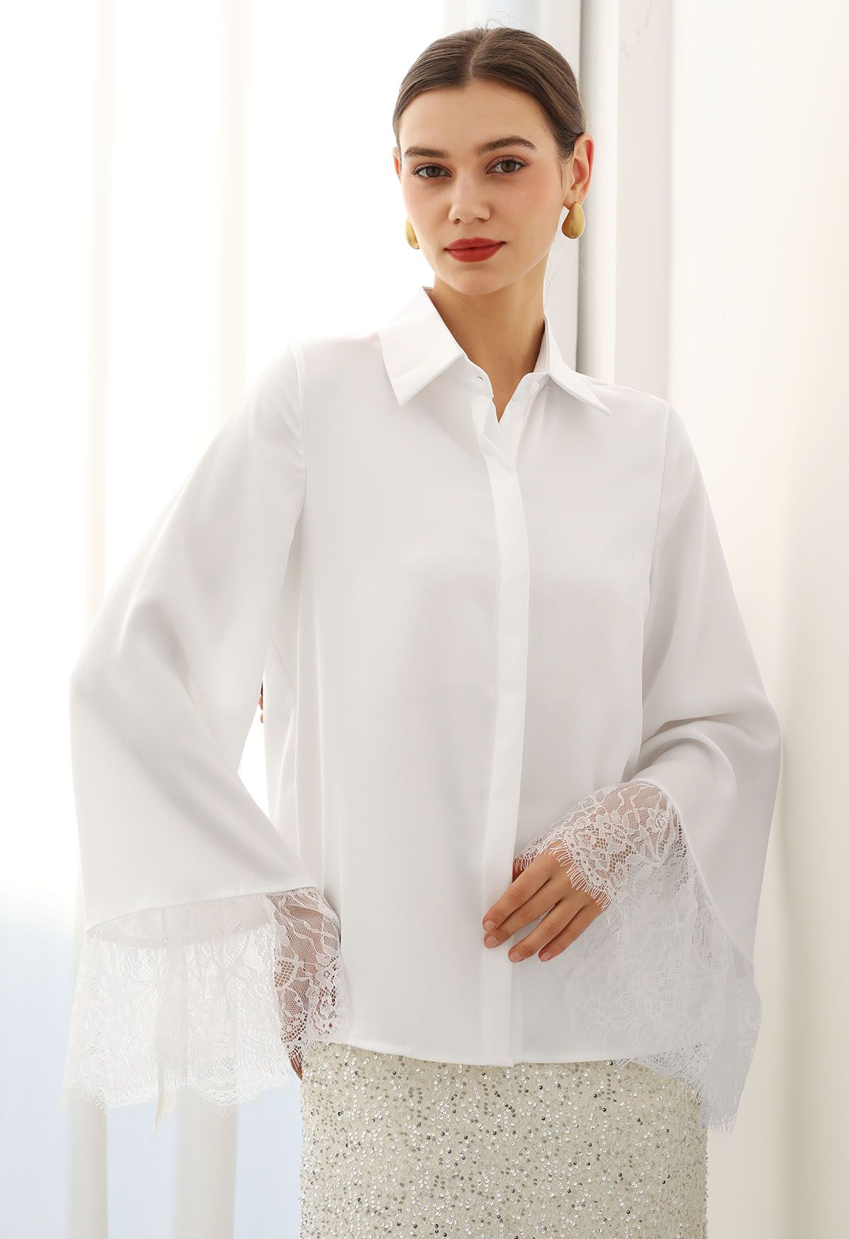 Lace Cuff Bell-Sleeve Satin Shirt in White