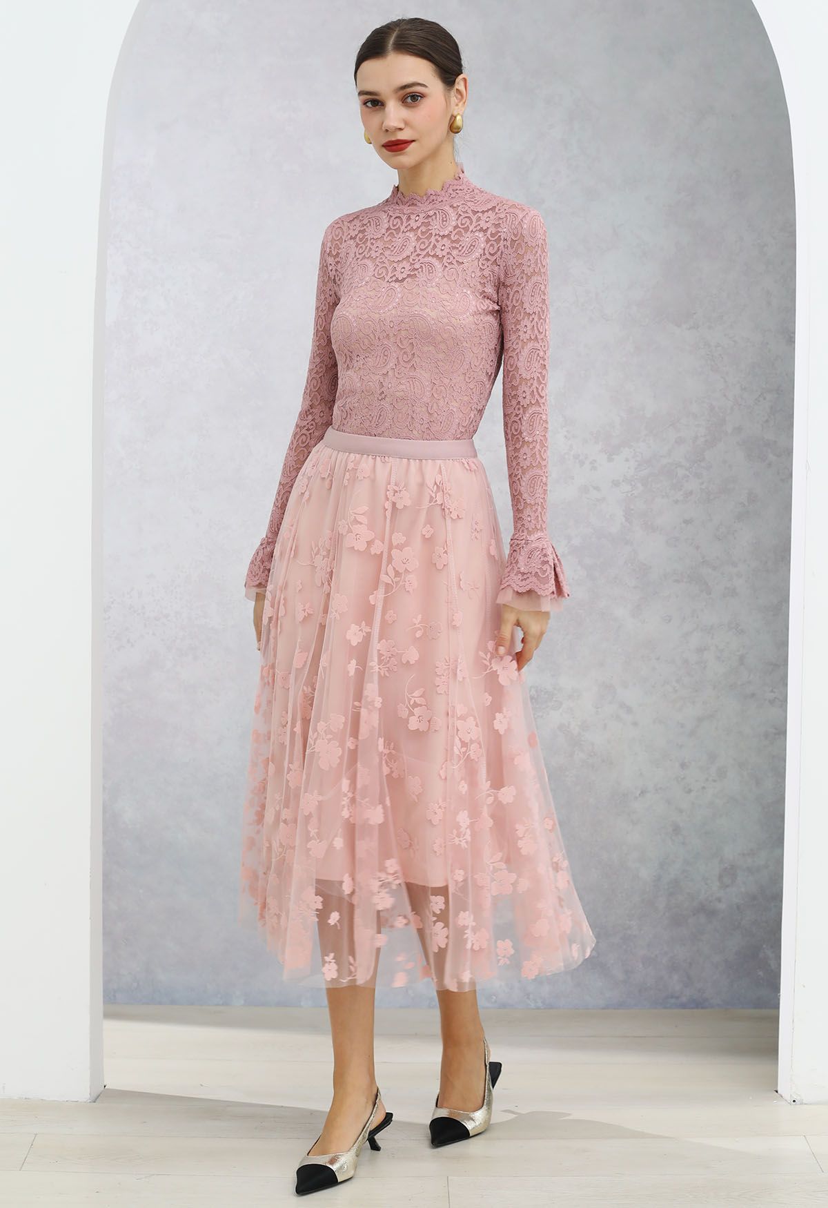 3D Posy Double-Layered Mesh Midi Skirt in Pink