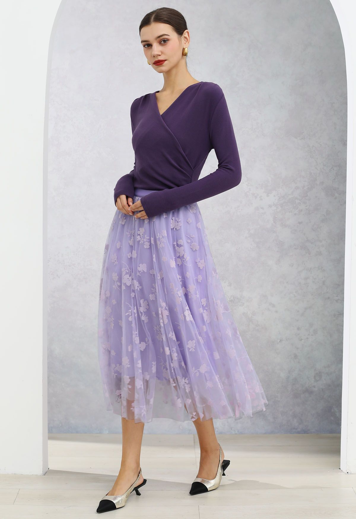 3D Posy Double-Layered Mesh Midi Skirt in Lavender