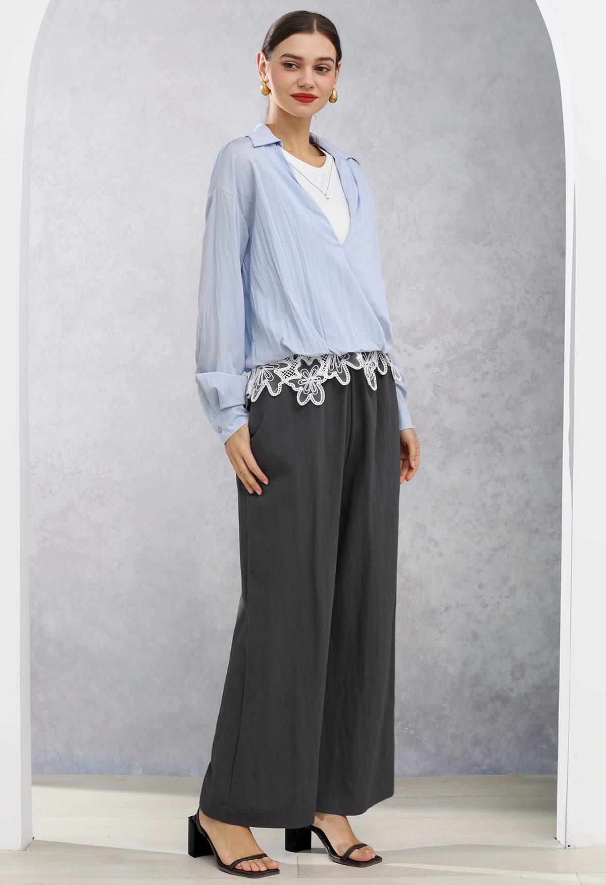 Lace Embroidery Waist Straight-Leg Pants