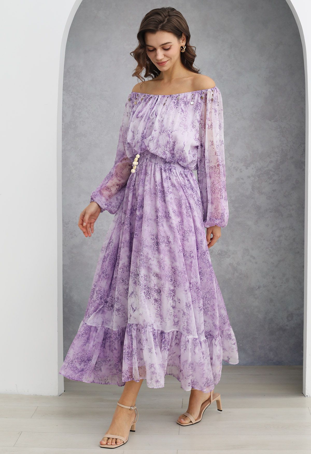 Vintage Baroque Off-Shoulder Chiffon Maxi Dress in Lilac