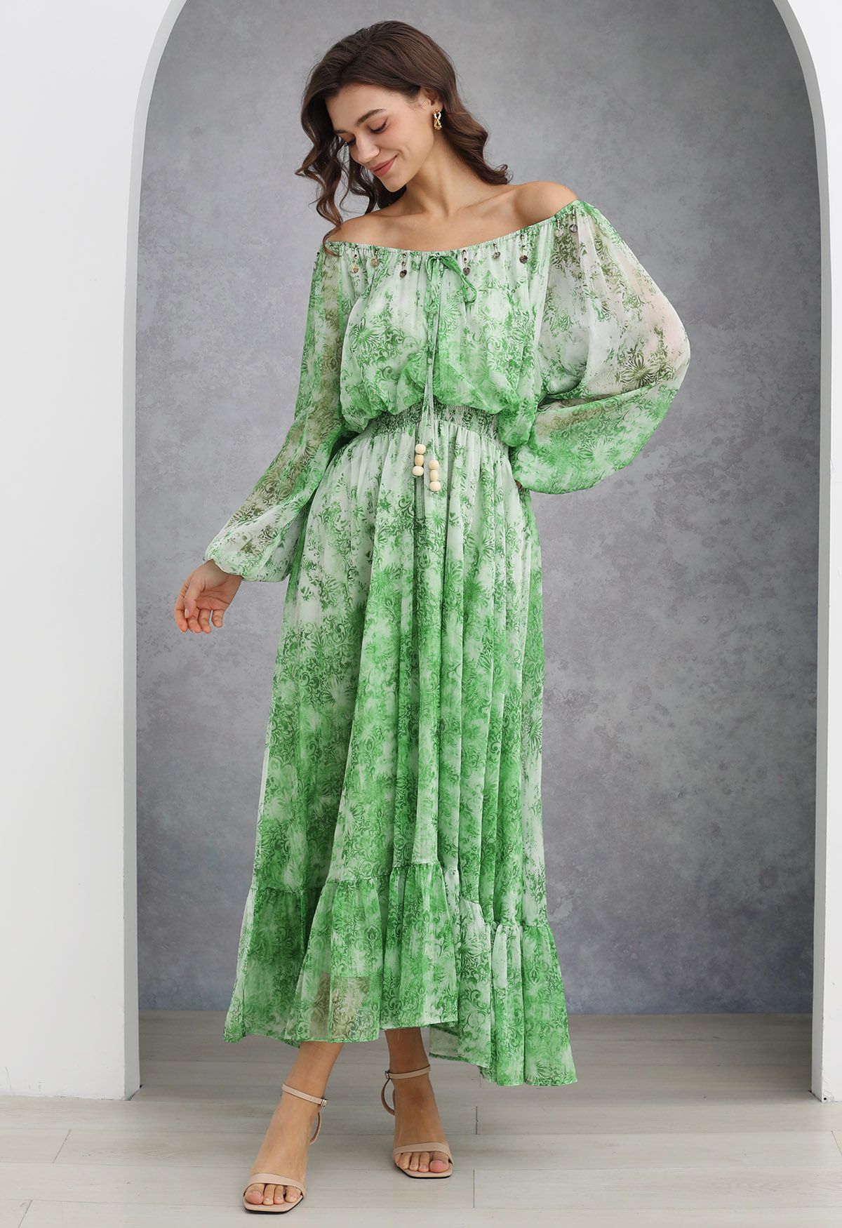 Vintage Baroque Off-Shoulder Chiffon Maxi Dress in Green