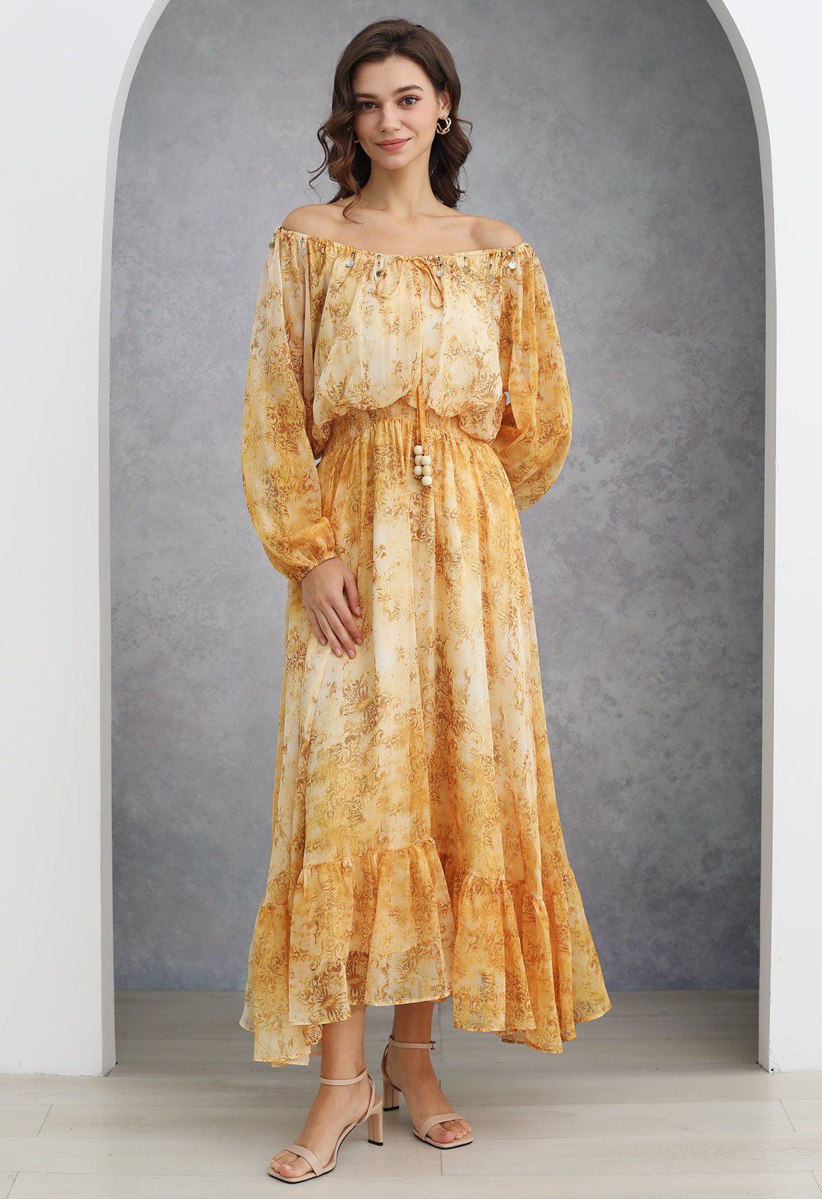 Vintage Baroque Off-Shoulder Chiffon Maxi Dress in Yellow