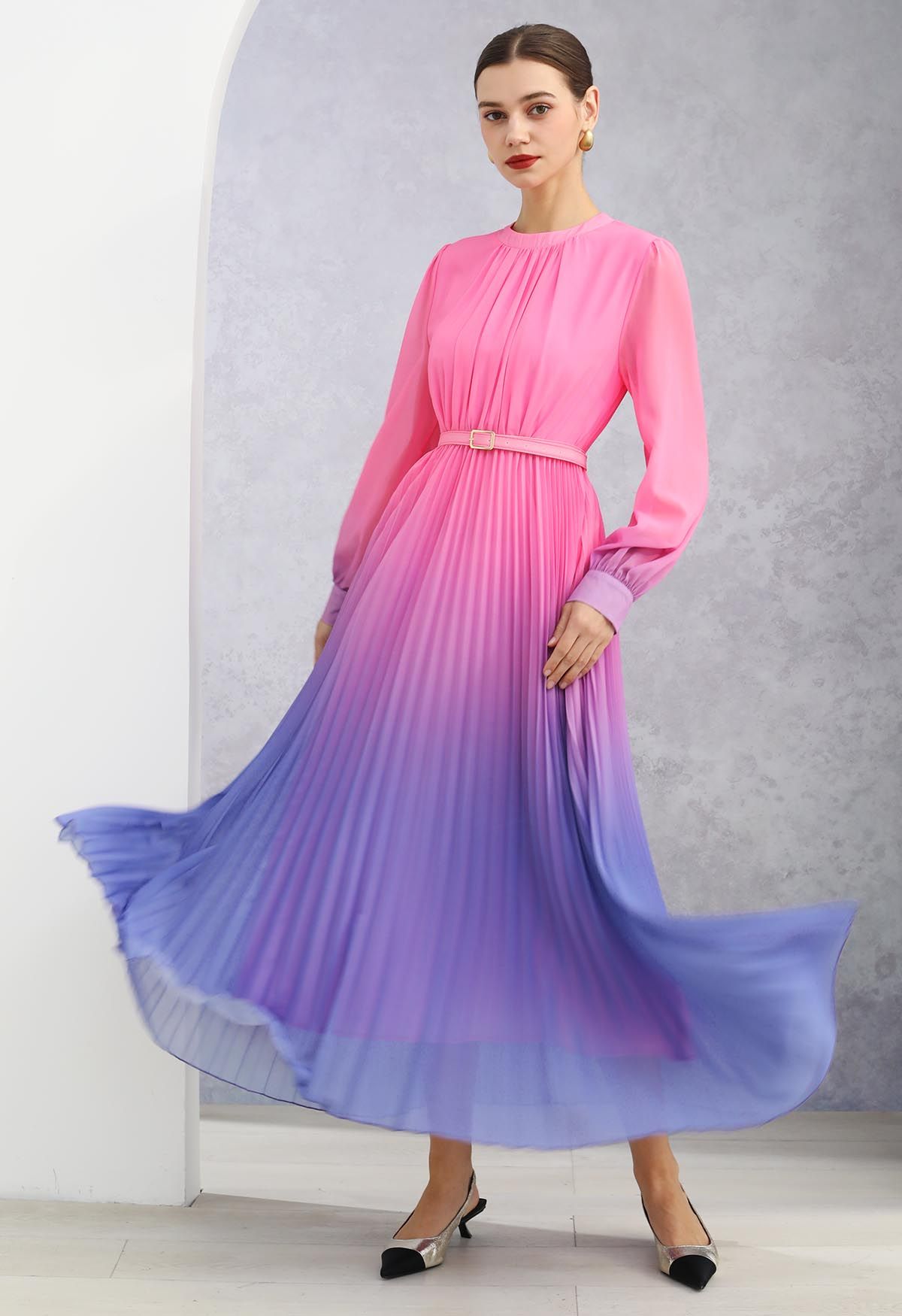 Pink-Purple Ombre Pleated Belt Chiffon Maxi Dress