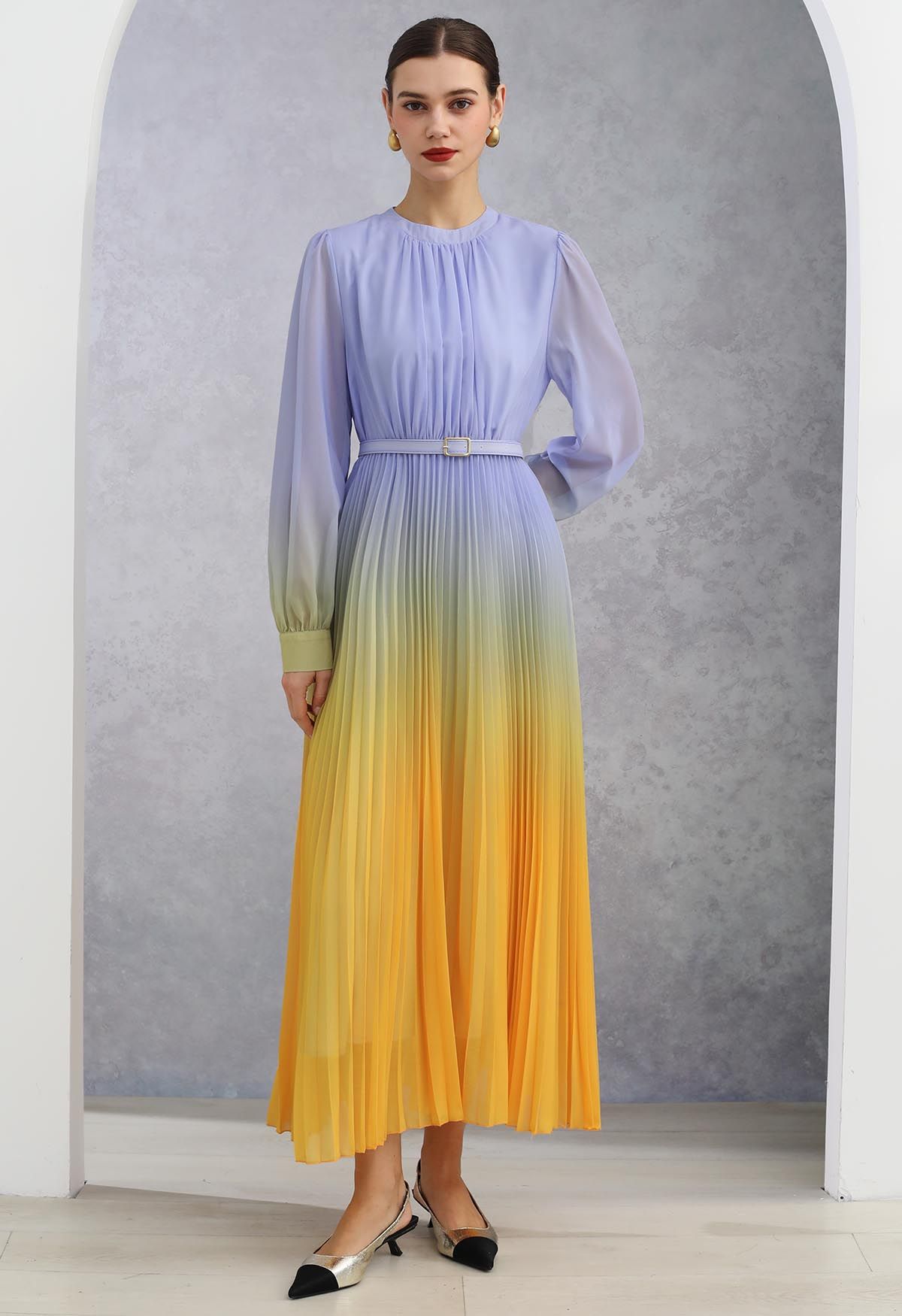 Blue-Yellow Ombre Pleated Belt Chiffon Maxi Dress