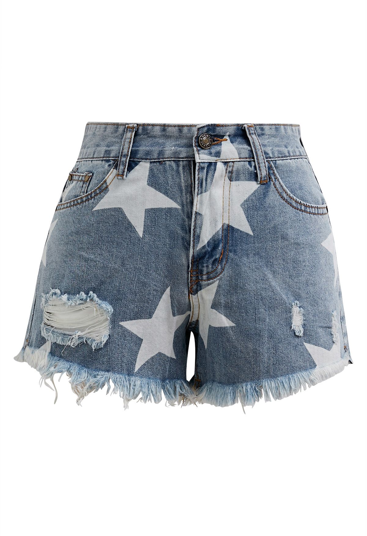 Stars Frayed Hem Ripped Denim Shorts