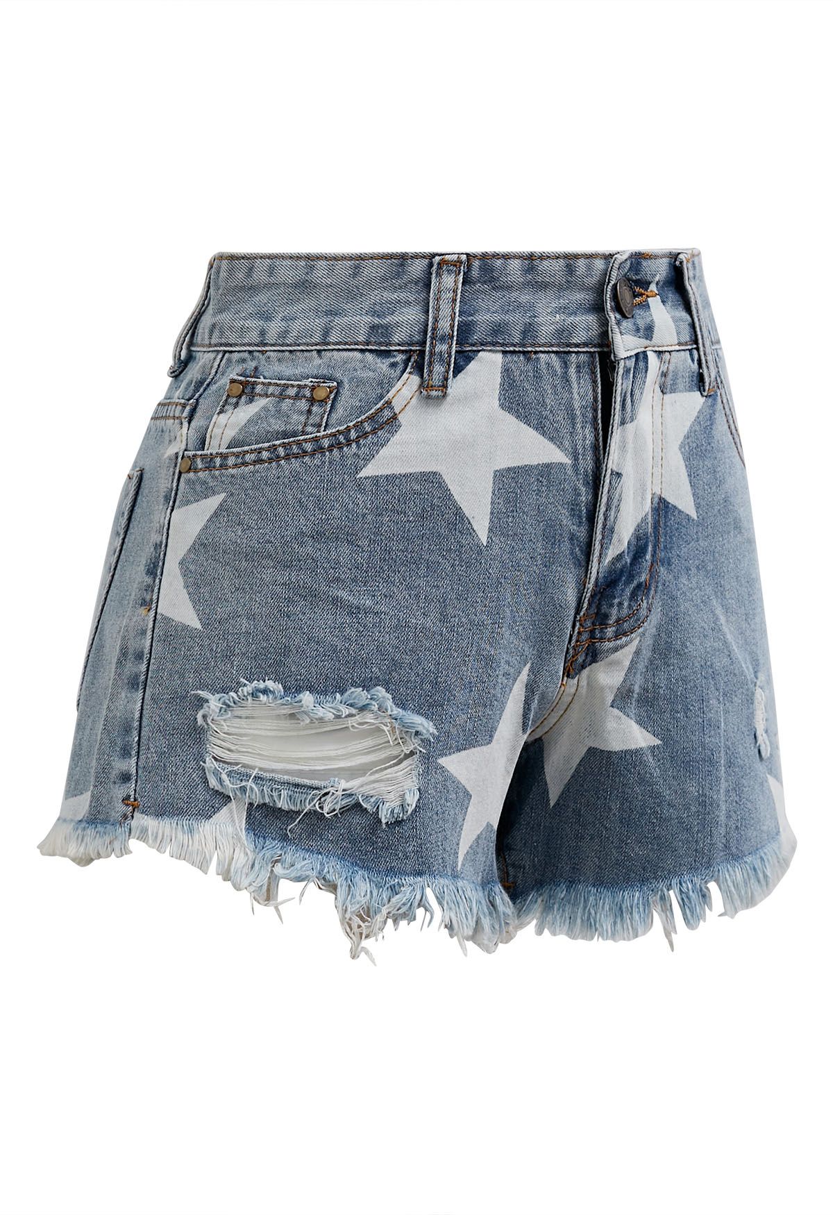 Stars Frayed Hem Ripped Denim Shorts