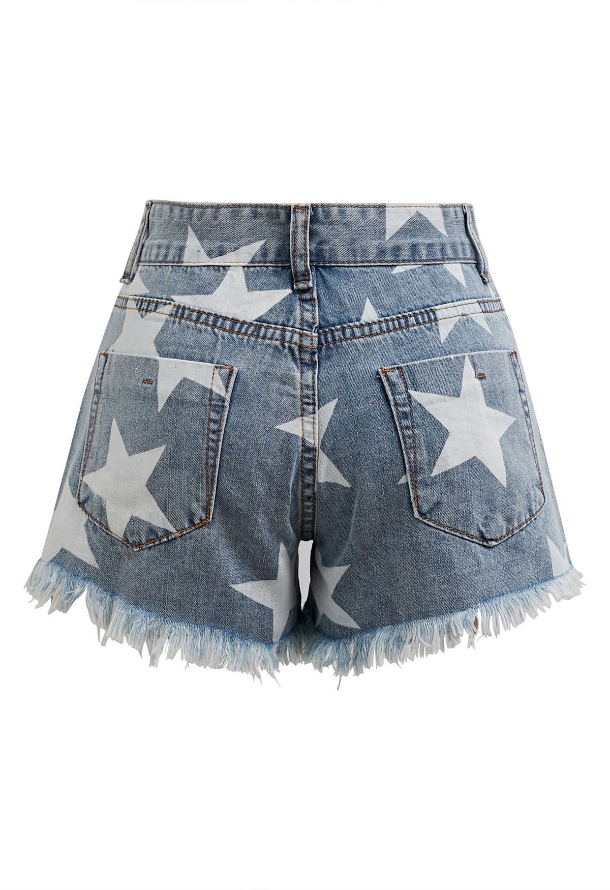 Stars Frayed Hem Ripped Denim Shorts