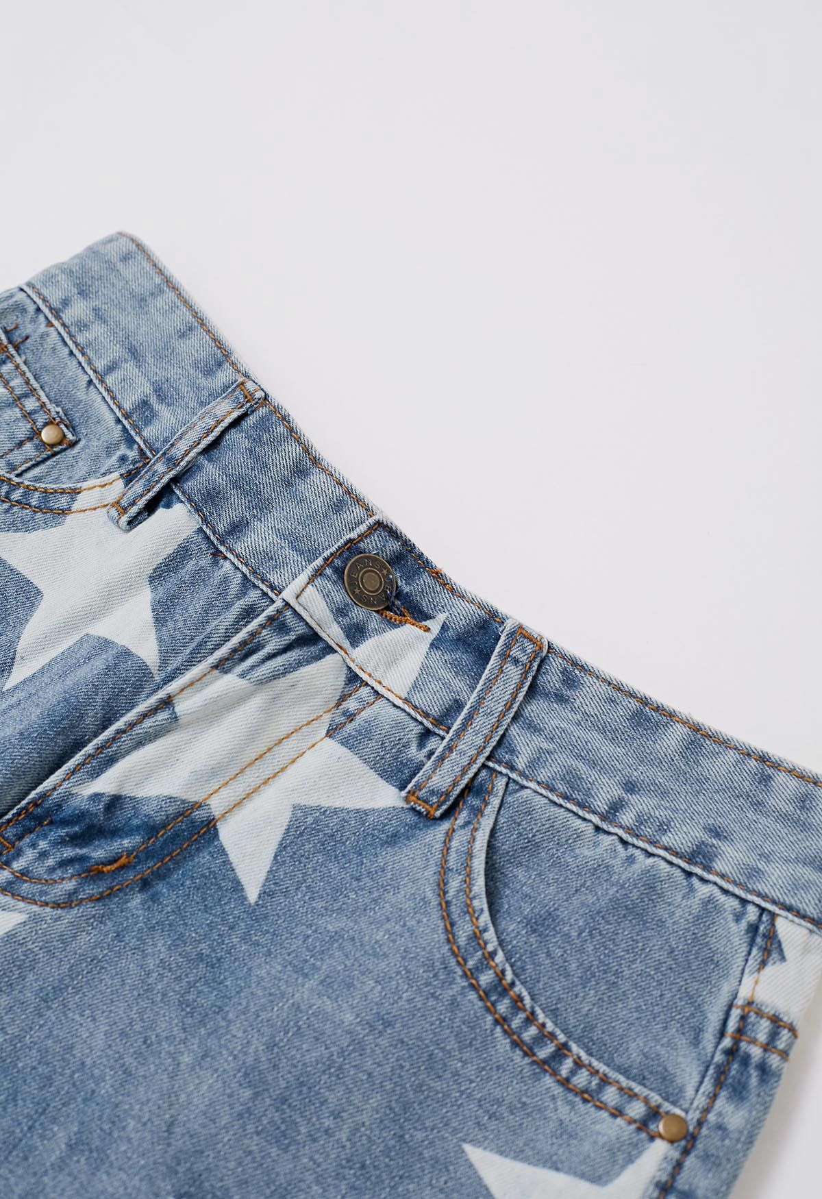 Stars Frayed Hem Ripped Denim Shorts