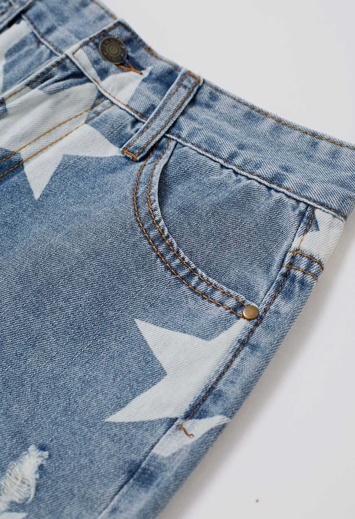 Stars Frayed Hem Ripped Denim Shorts