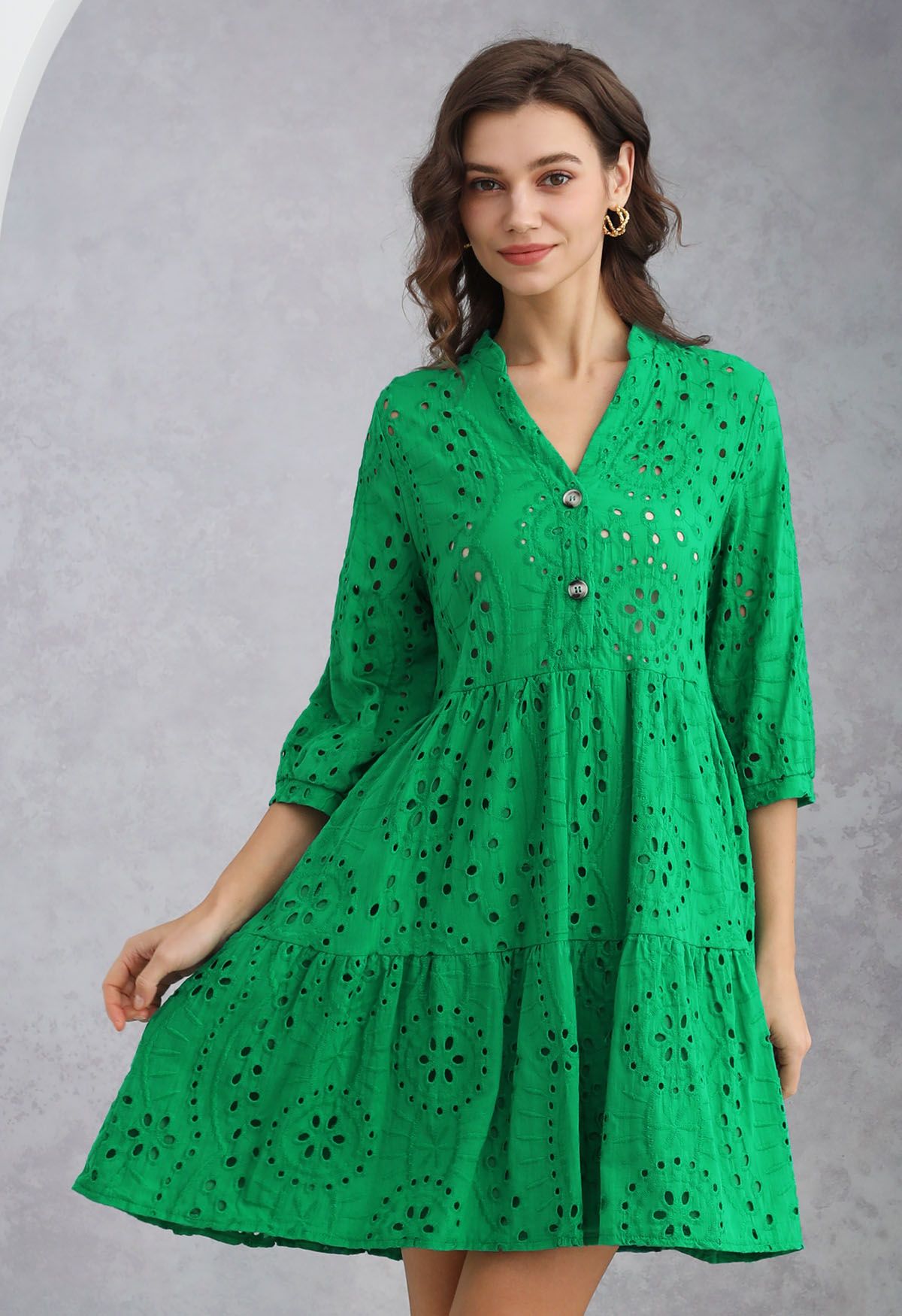 Eyelet Embroidery V-Neck Buttoned Dolly Dress