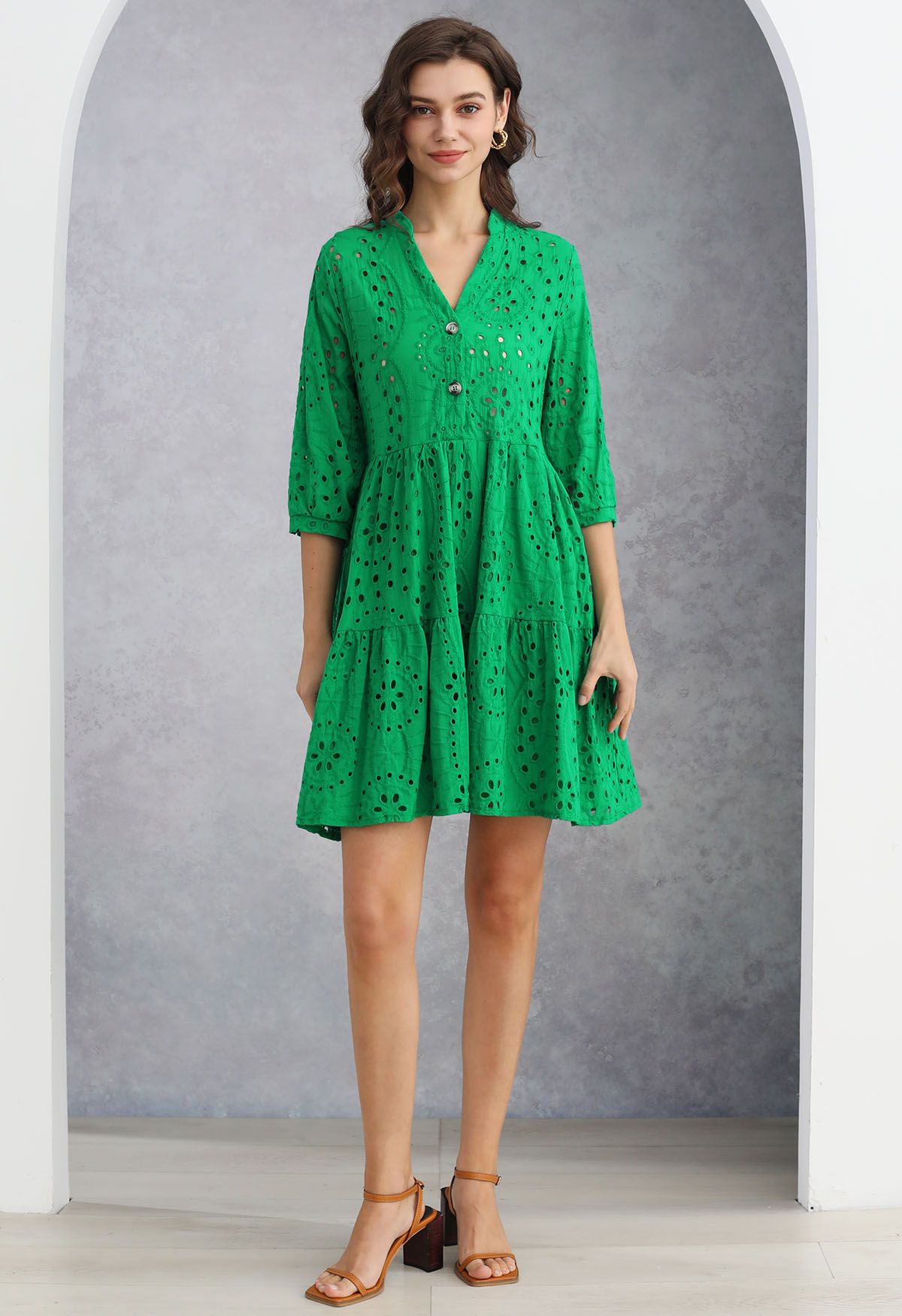 Eyelet Embroidery V-Neck Buttoned Dolly Dress