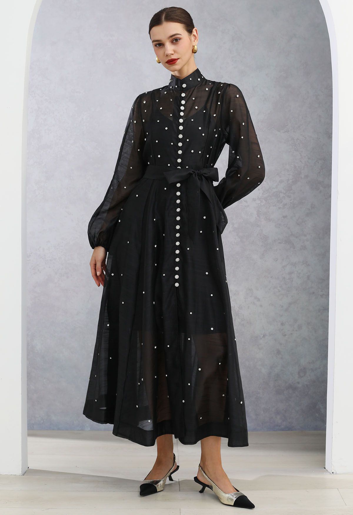 Rhinestone Decor Button Tie-Sash Organza Maxi Dress in Black