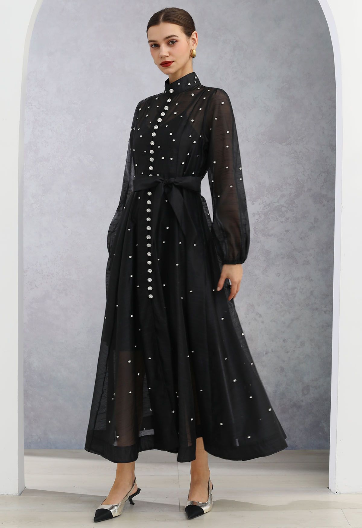 Rhinestone Decor Button Tie-Sash Organza Maxi Dress in Black