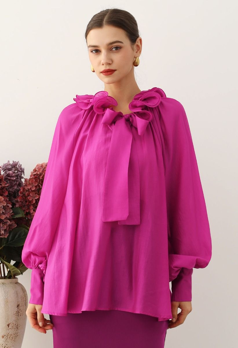 Tiered Ruffle Neckline Bowknot Lantern Sleeves Dolly Top in Magenta