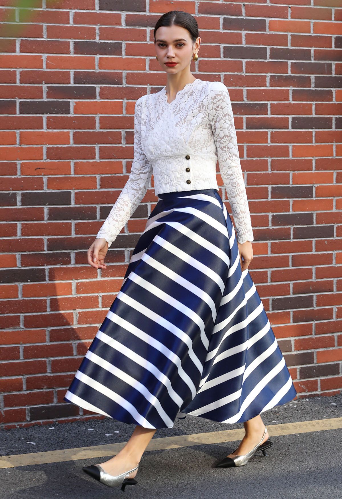 Adorable Stripe Side Pocket A-Line Maxi Skirt