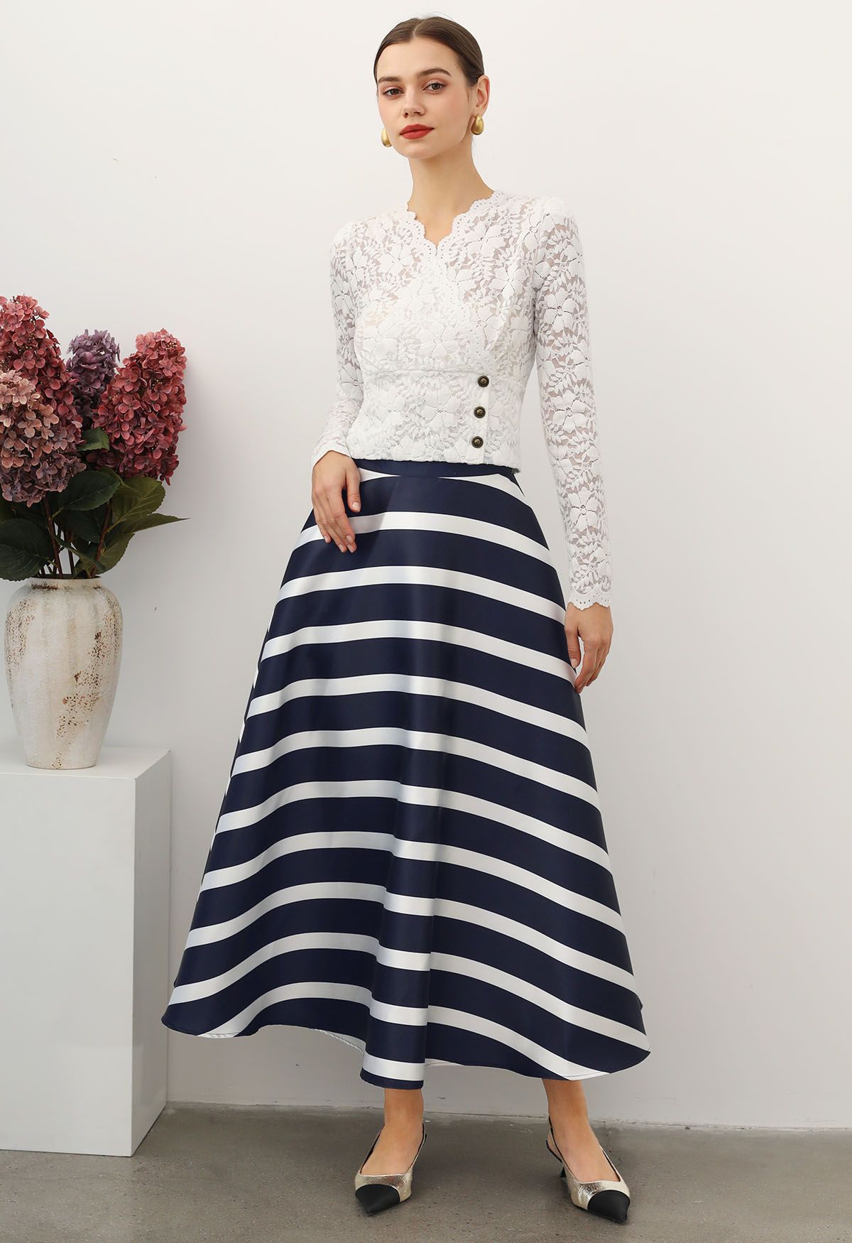 Adorable Stripe Side Pocket A-Line Maxi Skirt