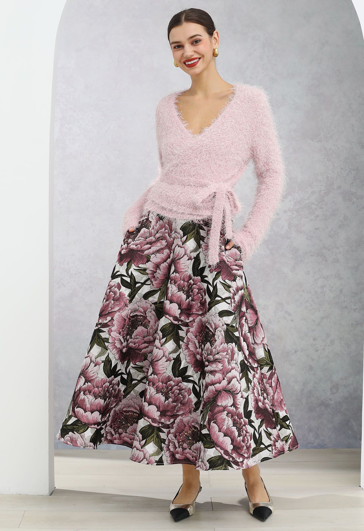 Graceful Pink Peony Jacquard A-Line Maxi Skirt