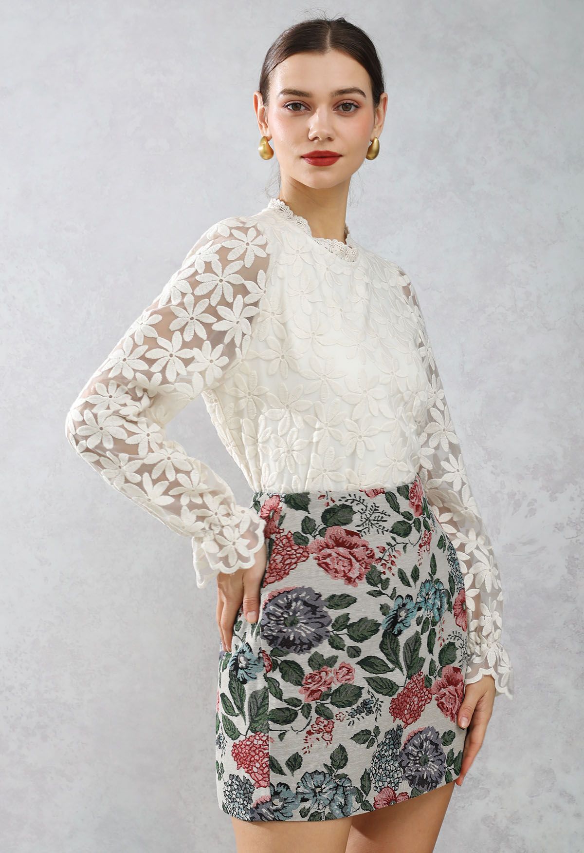 Lace Daisy Embroidered Sheer Sleeve Top