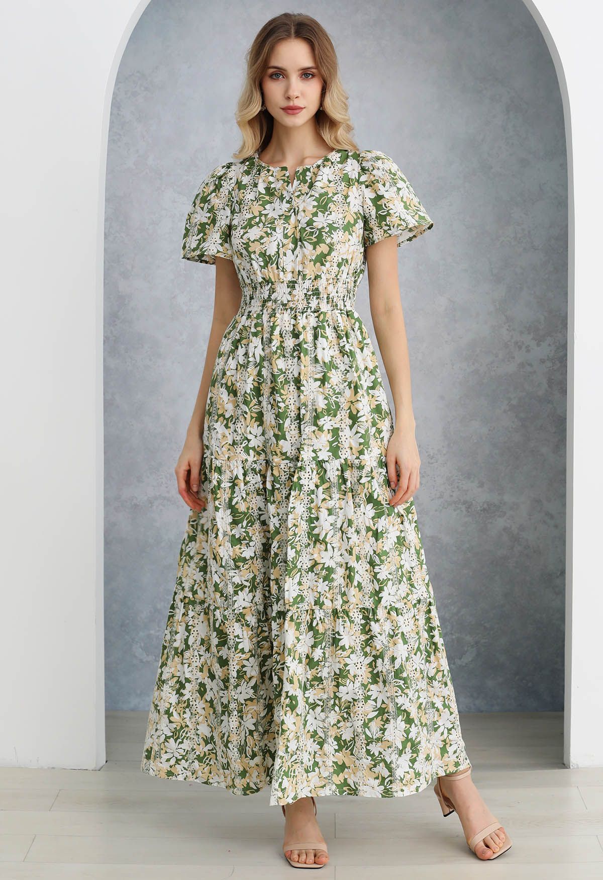 Ebullient Flower Printed Eyelet Embroidered Maxi Dress