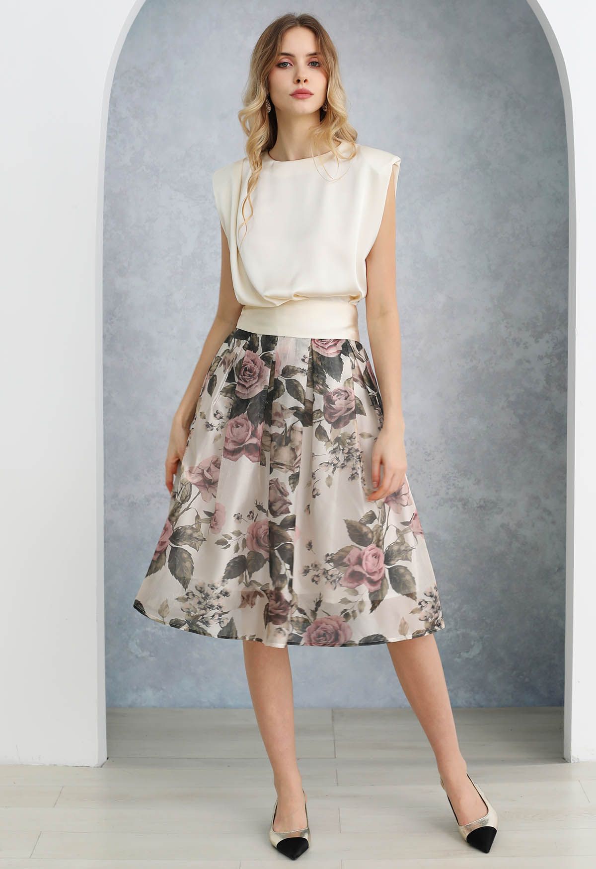 Serene Pink Rose Metallic Organza A-Line Midi Skirt