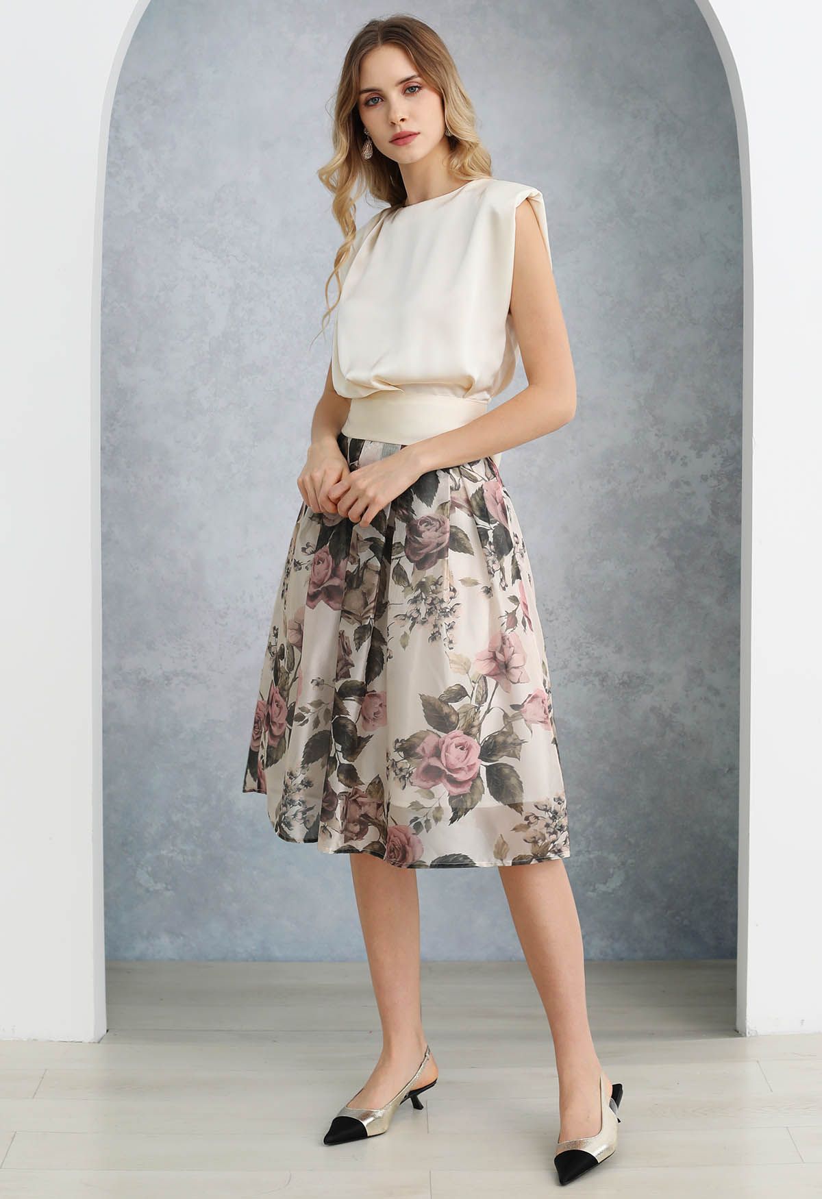 Serene Pink Rose Metallic Organza A-Line Midi Skirt