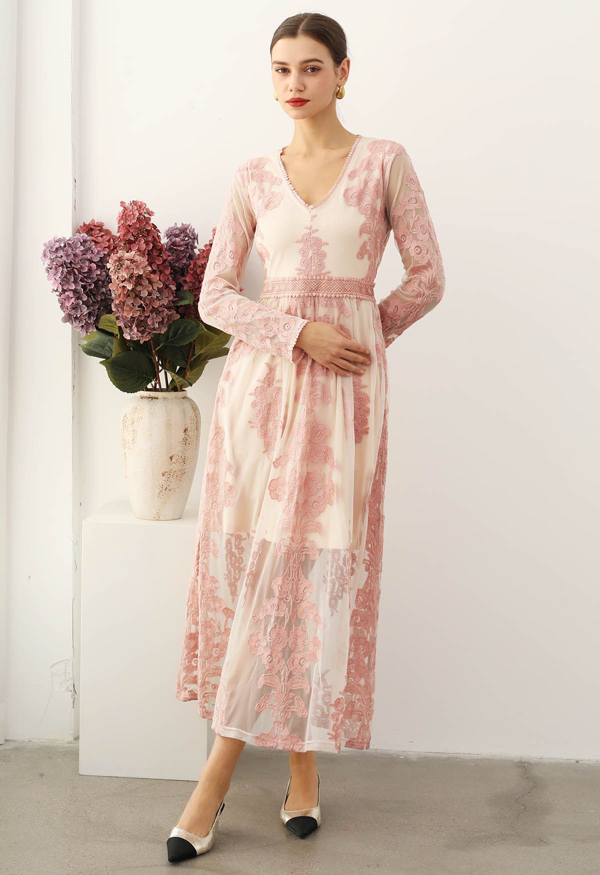 V-Neck Floral Embroidered Mesh Maxi Dress in Pink