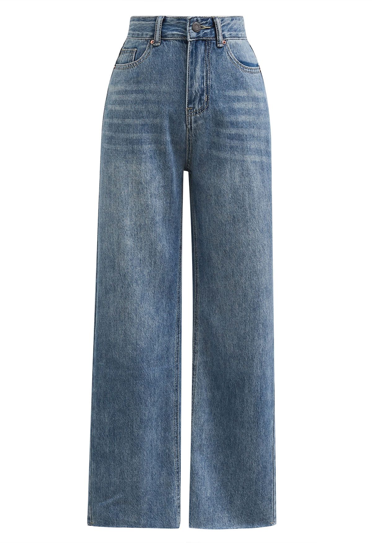 Raw-Cut Hem Straight-Leg Jeans