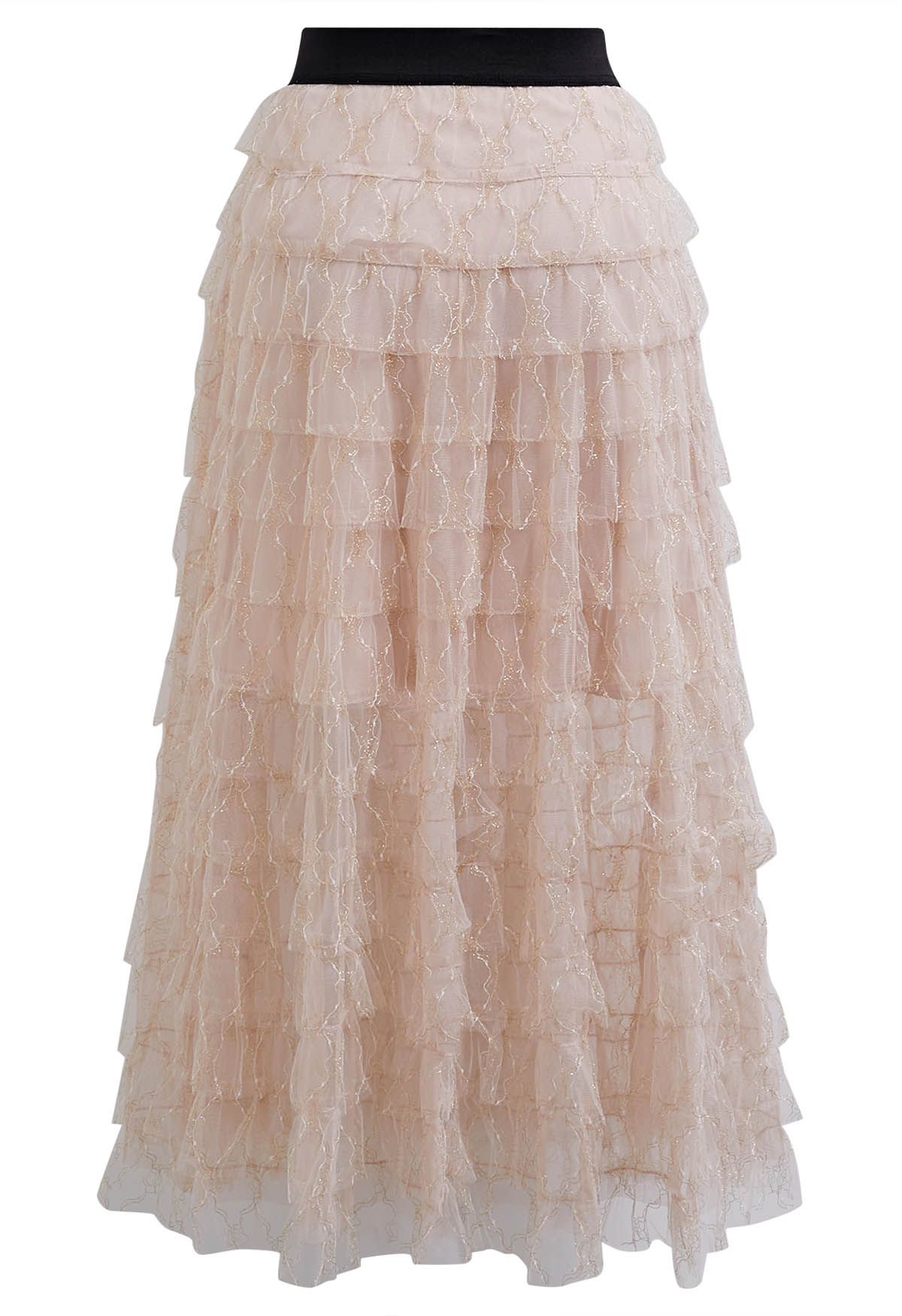 Abstract Metallic Tiered Mesh Midi Skirt in Light Pink