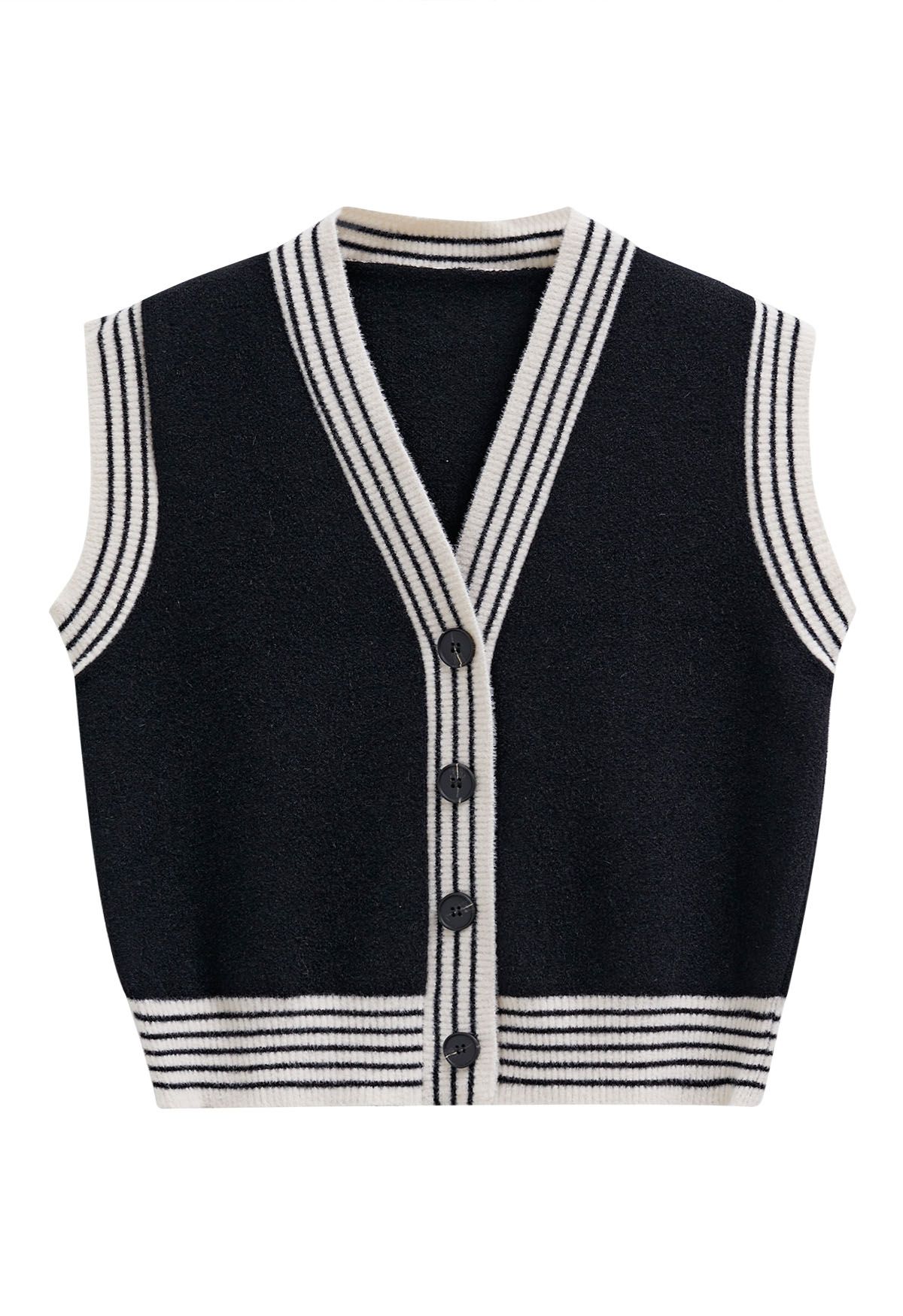 Contrast Striped Edge V-Neck Buttoned Knit Vest in Black