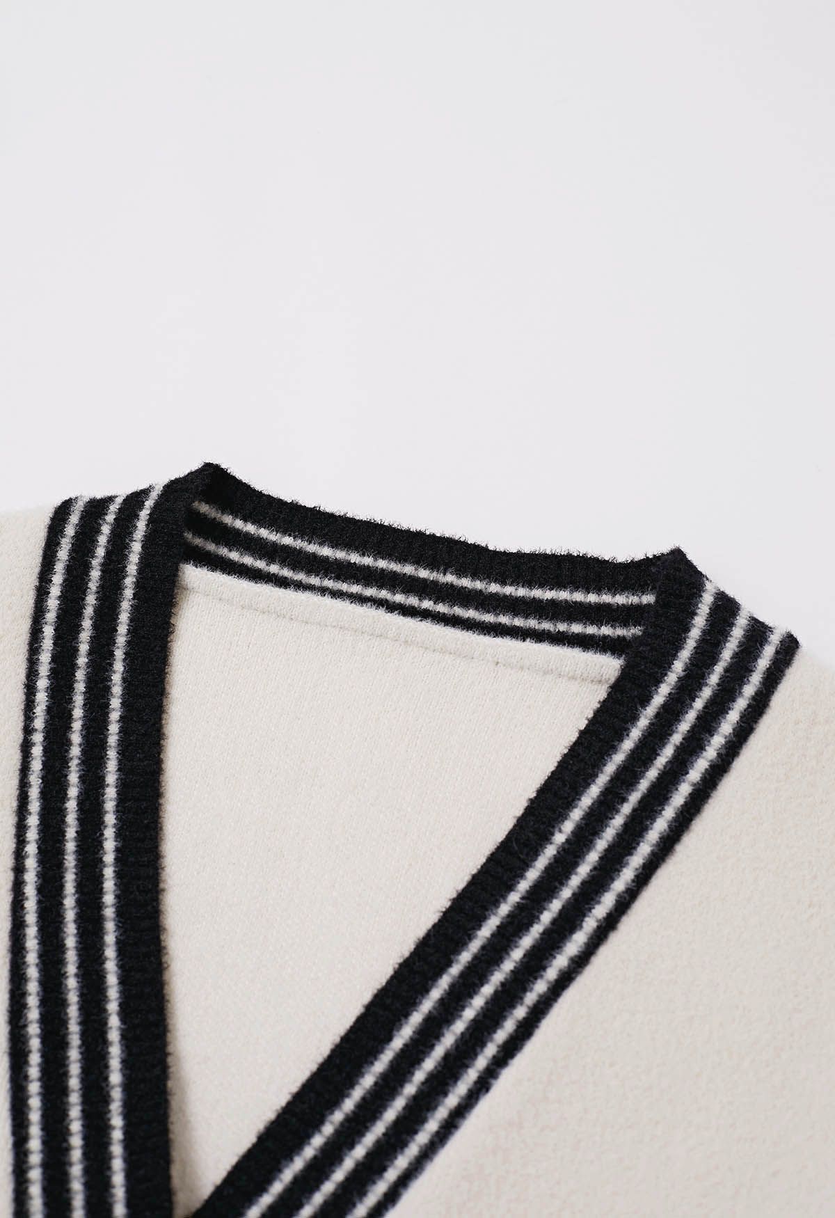 Contrast Striped Edge V-Neck Buttoned Knit Vest in Ivory