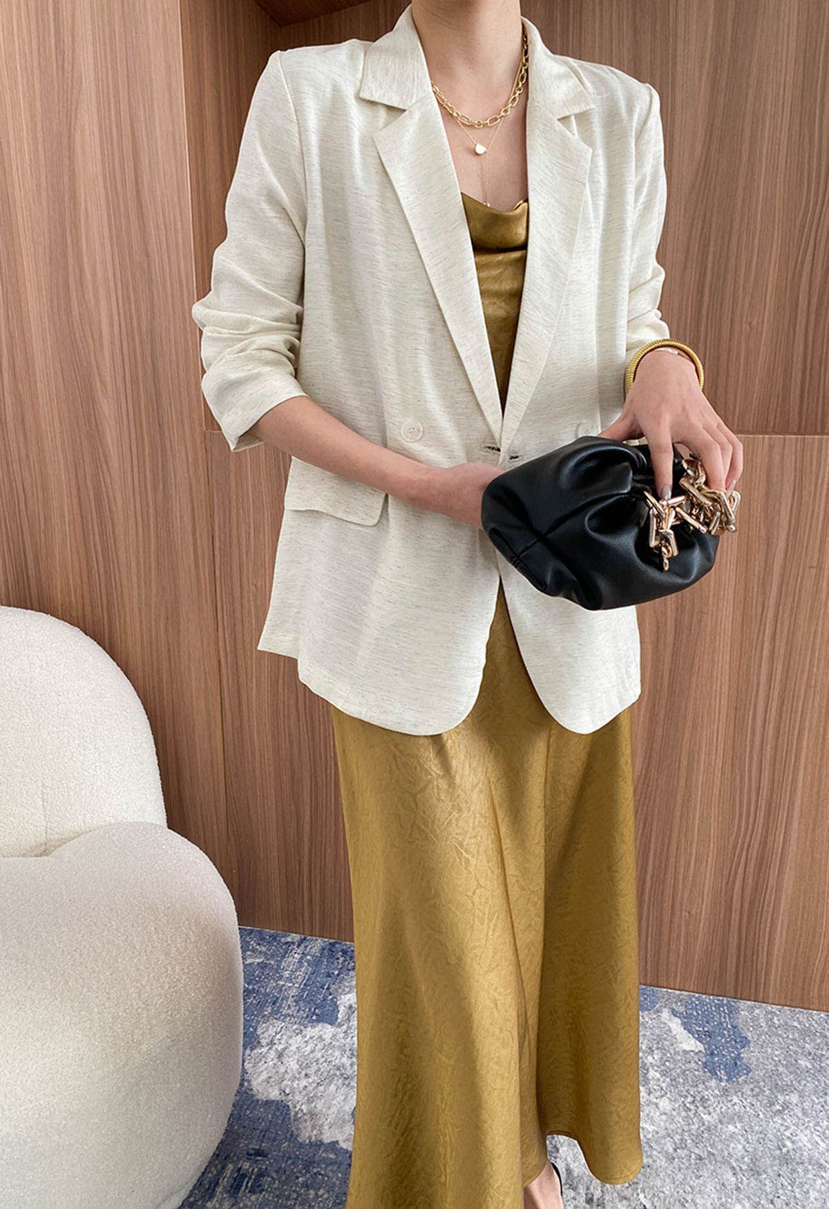 Lightweight Notch Lapel Linen-Blend Blazer in Ivory