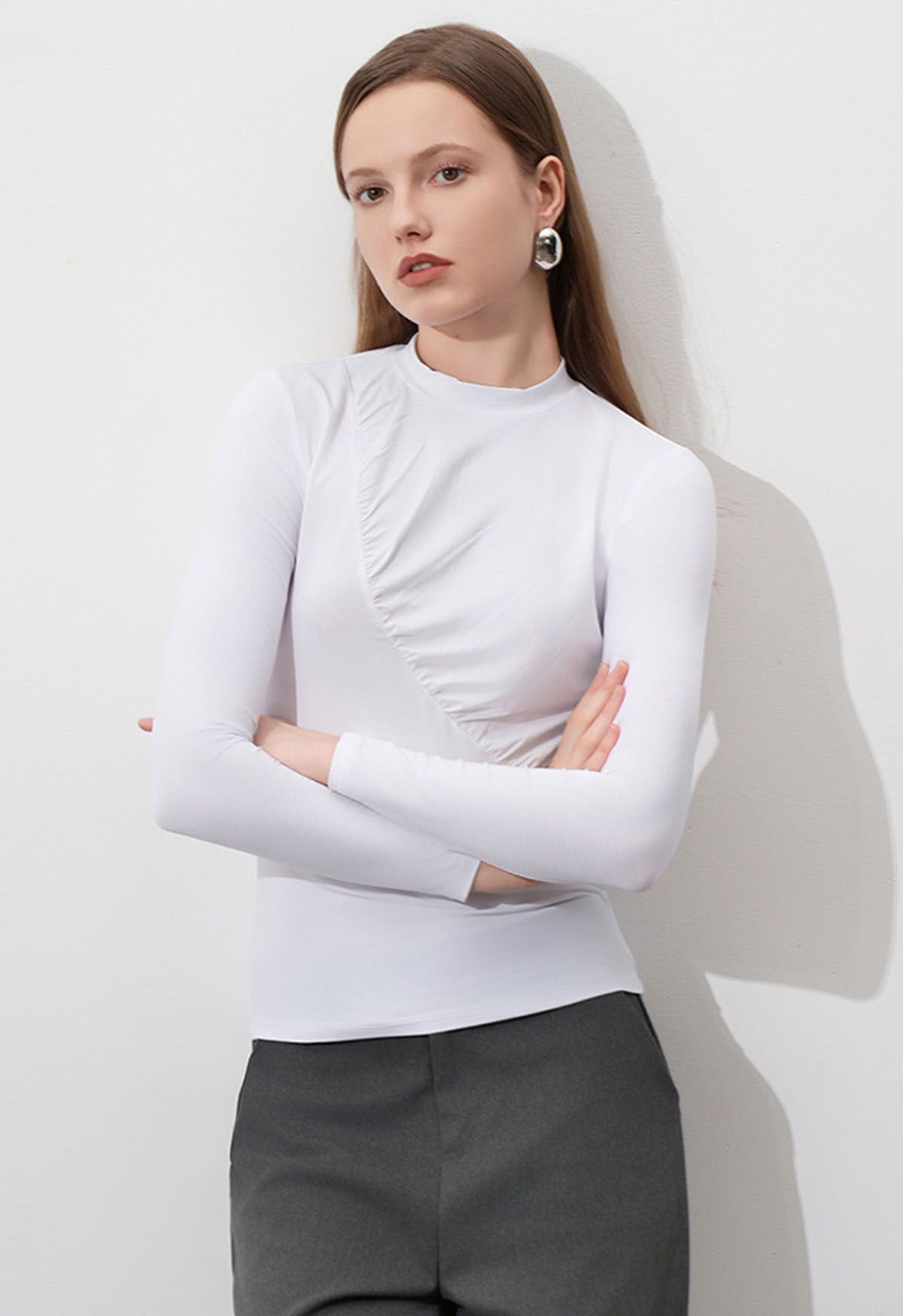 Ruched Accent Mock Neck Fitted Top in White