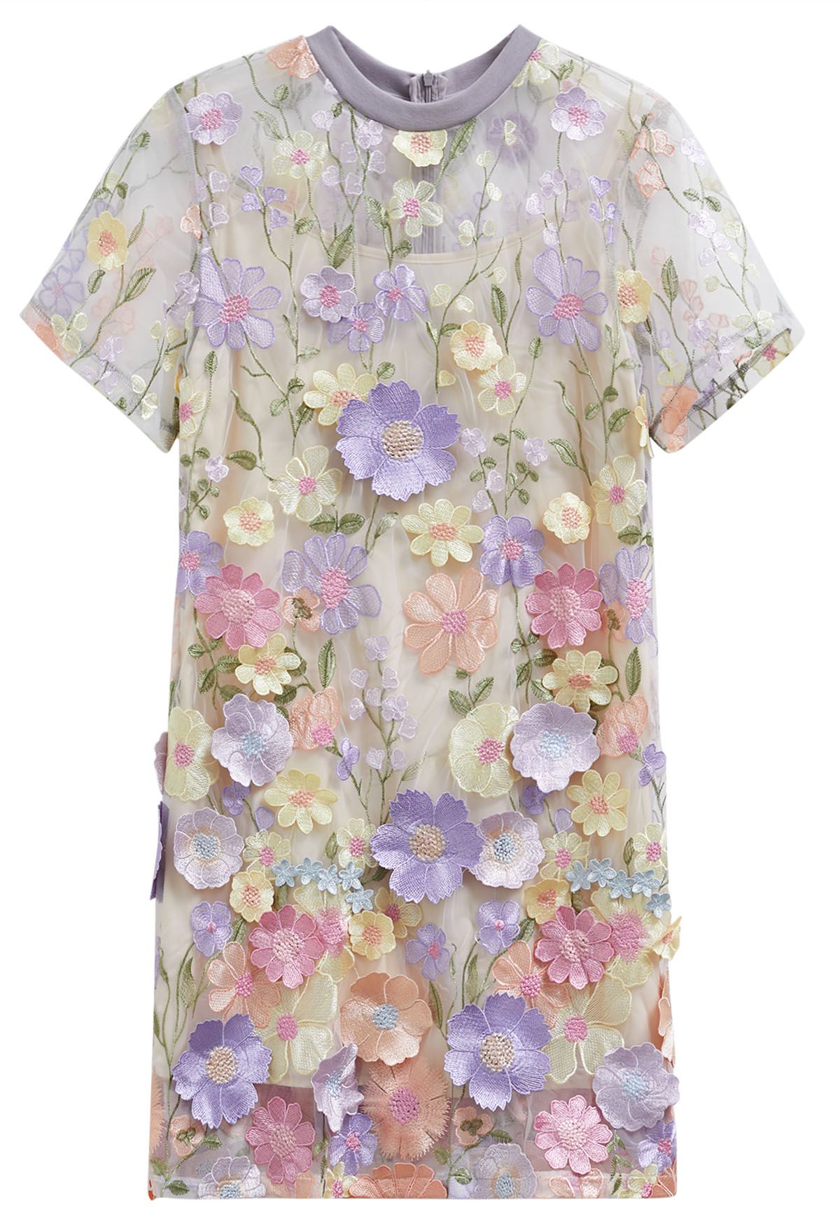 3D Floral Applique Sheer Mesh Cover-Up Dress in Lavender