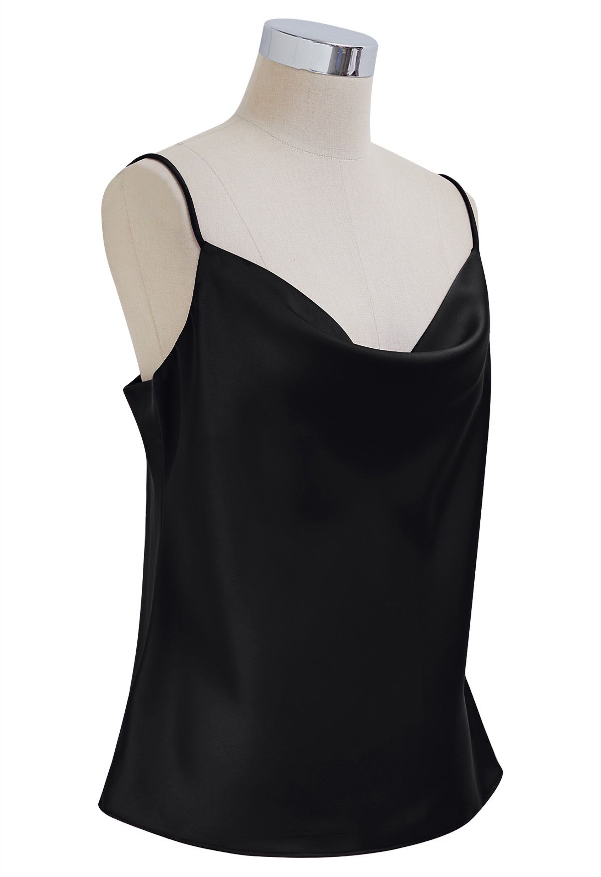 Drape Neck Satin Cami Crop Top in Black