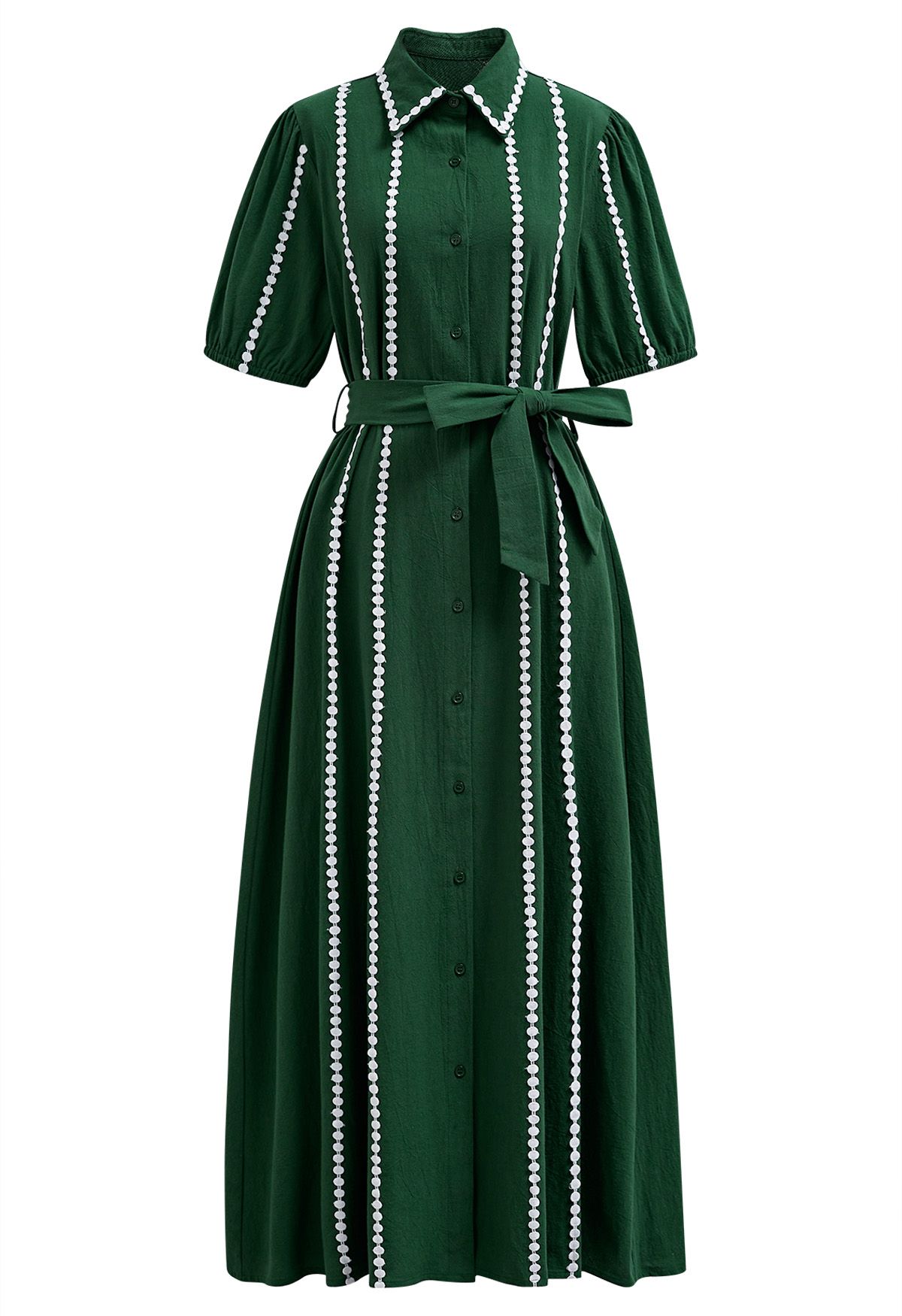 Crochet Stripe Collared Tie-Sash Buttoned Maxi Dress in Dark Green