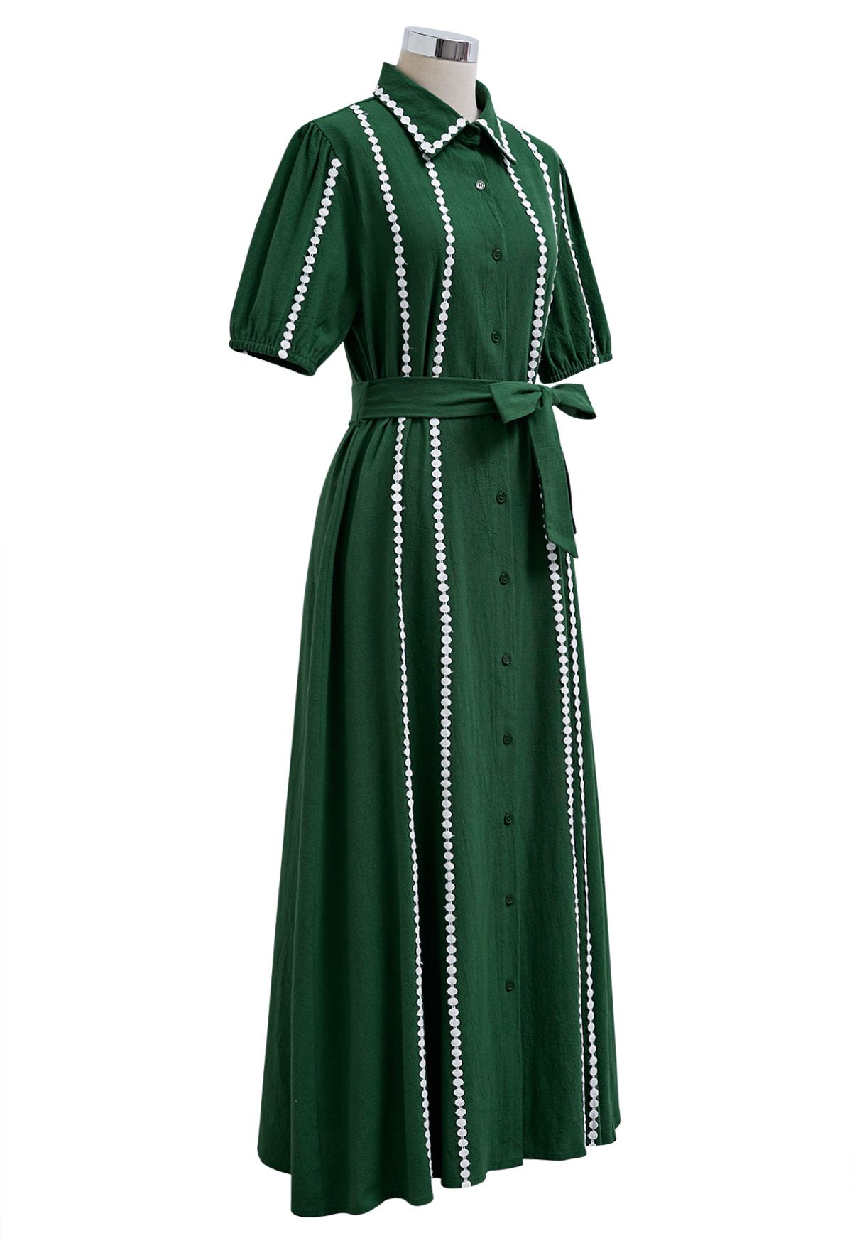 Crochet Stripe Collared Tie-Sash Buttoned Maxi Dress in Dark Green