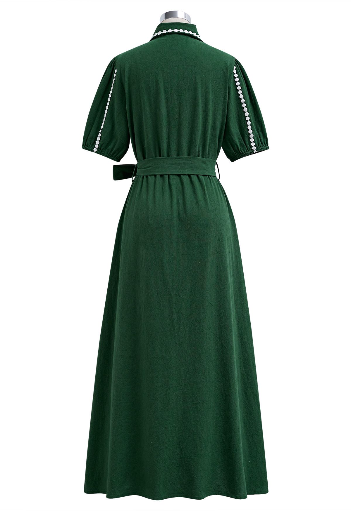 Crochet Stripe Collared Tie-Sash Buttoned Maxi Dress in Dark Green