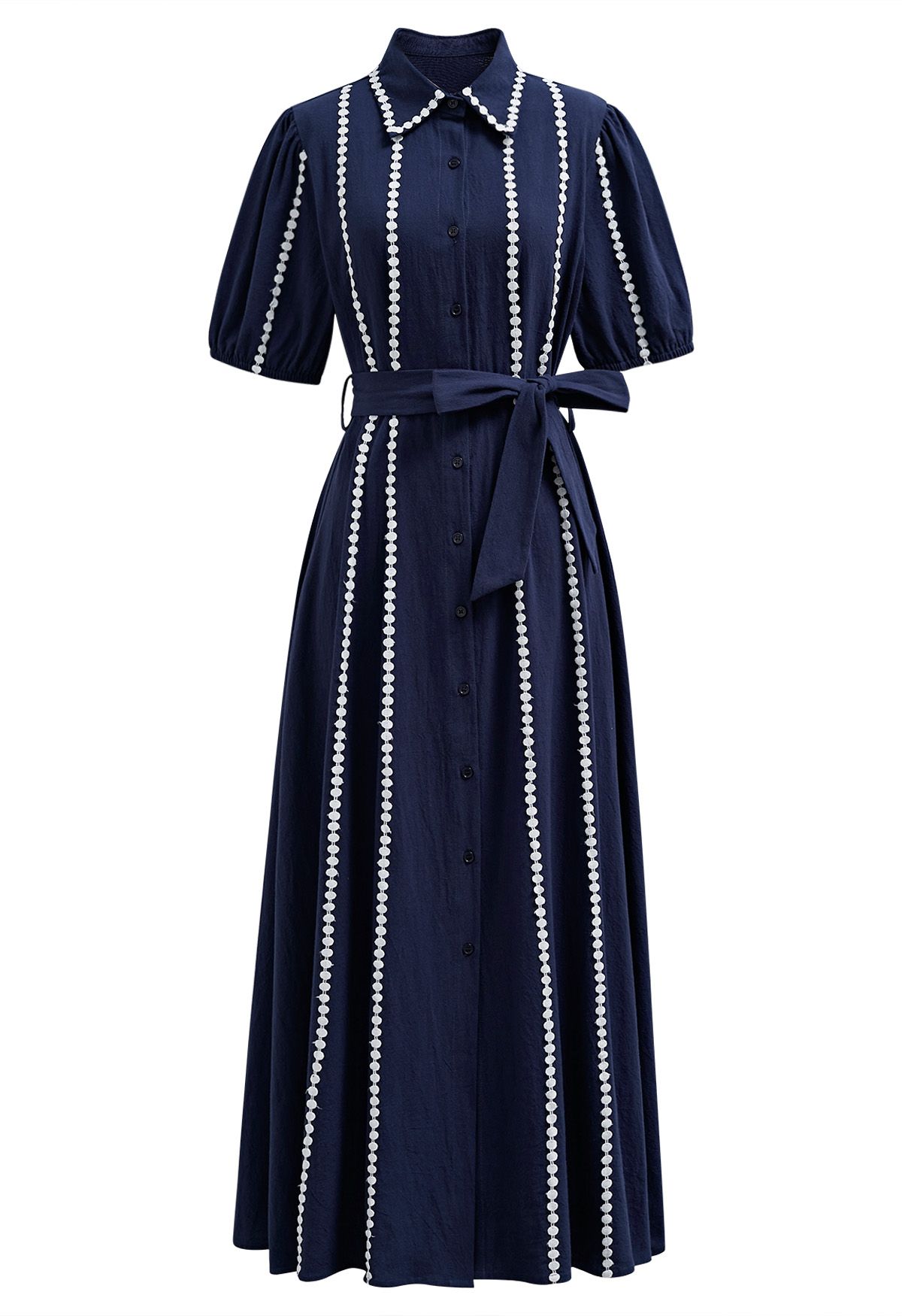 Crochet Stripe Collared Tie-Sash Buttoned Maxi Dress in Navy