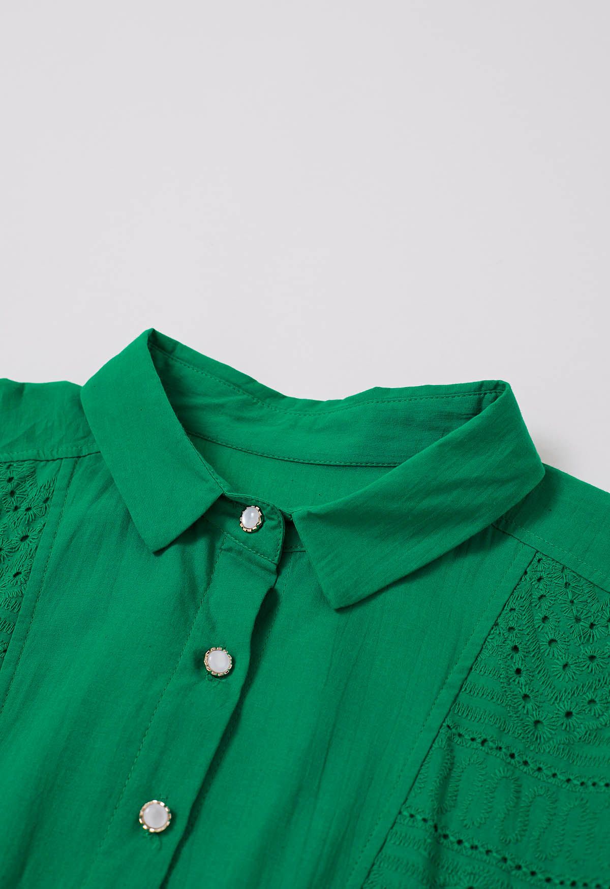 Collared Eyelet Embroidery Buttoned Midi Dress in Green