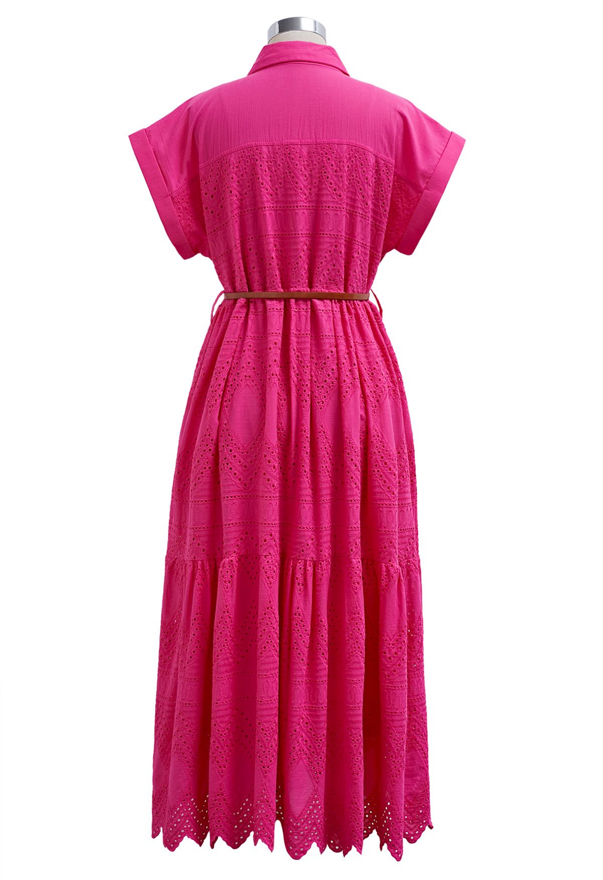 Collared Eyelet Embroidery Buttoned Midi Dress in Hot Pink