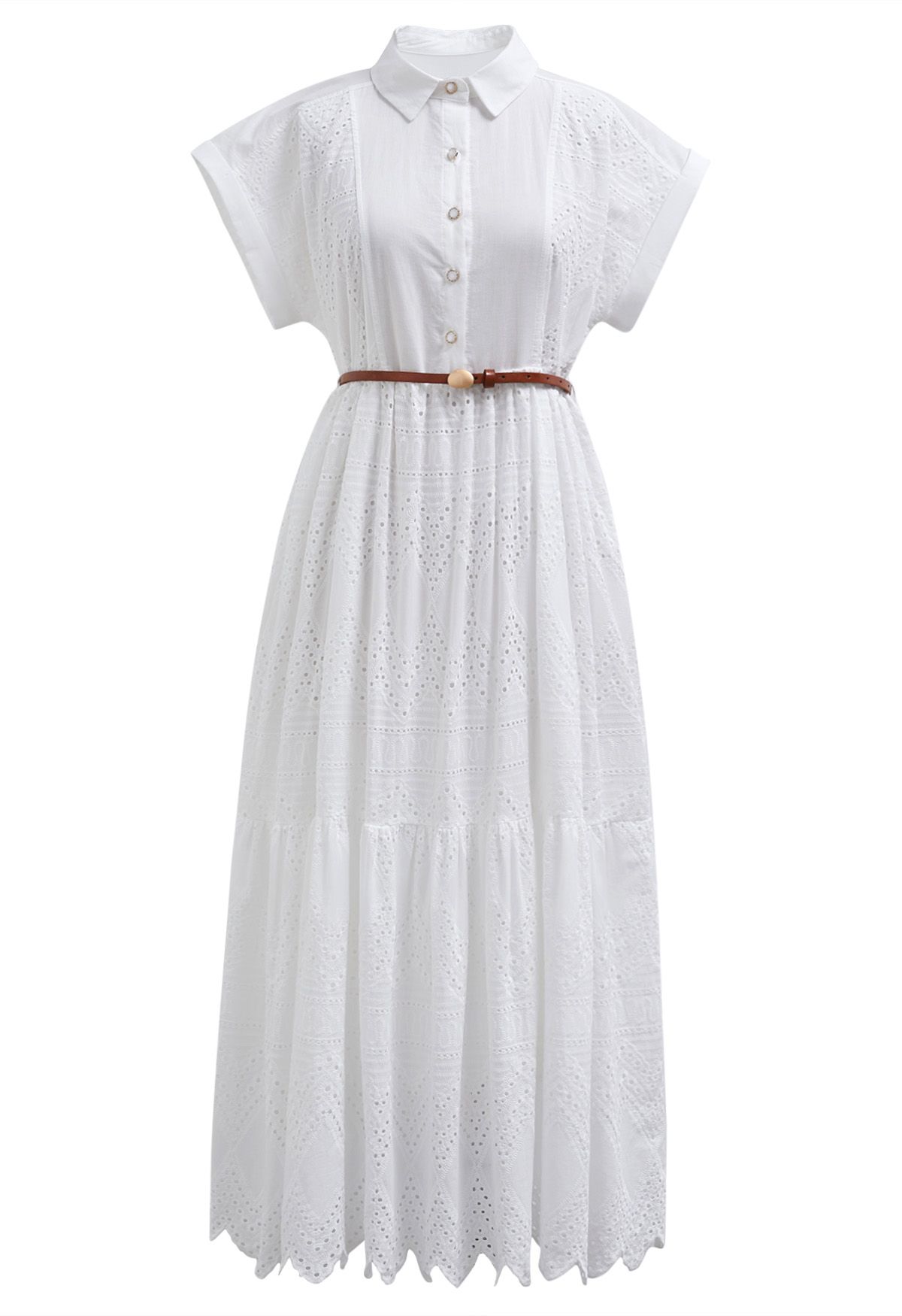 Collared Eyelet Embroidery Buttoned Midi Dress in White