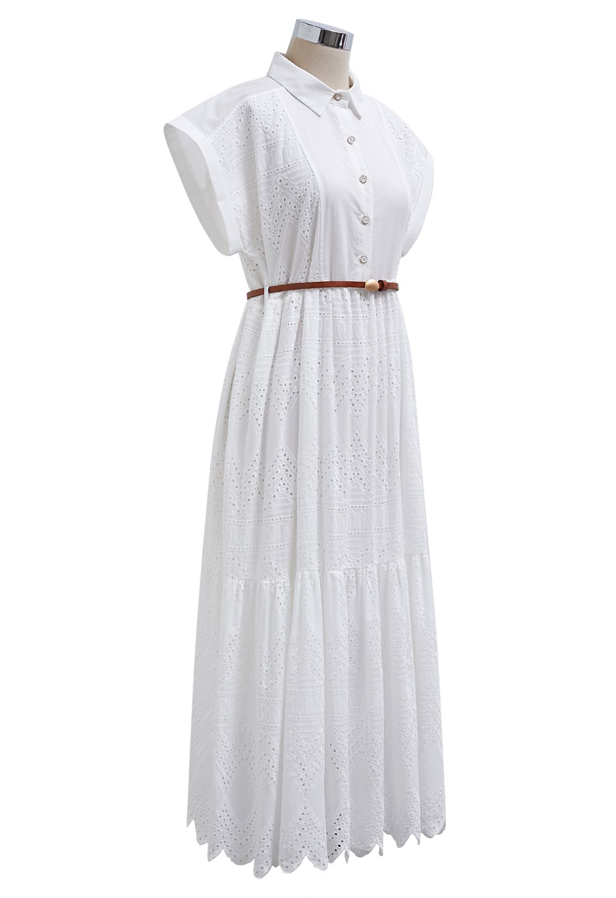 Collared Eyelet Embroidery Buttoned Midi Dress in White