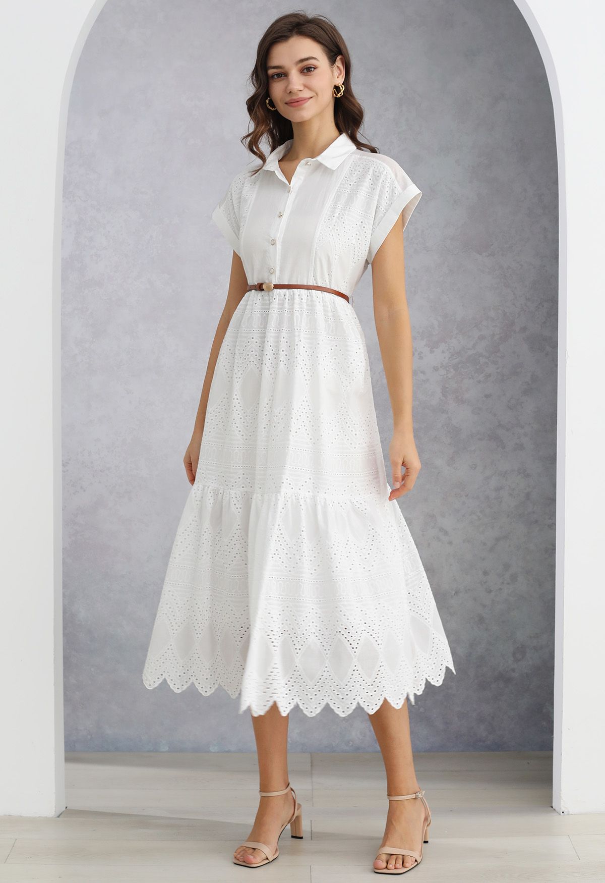 Collared Eyelet Embroidery Buttoned Midi Dress in White