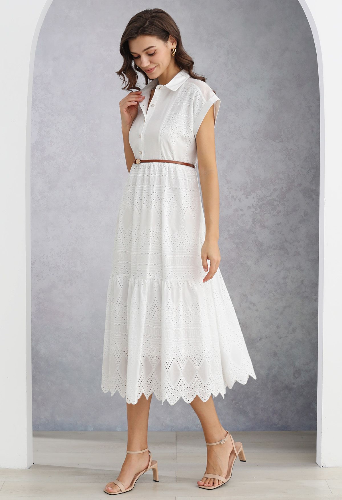 Collared Eyelet Embroidery Buttoned Midi Dress in White