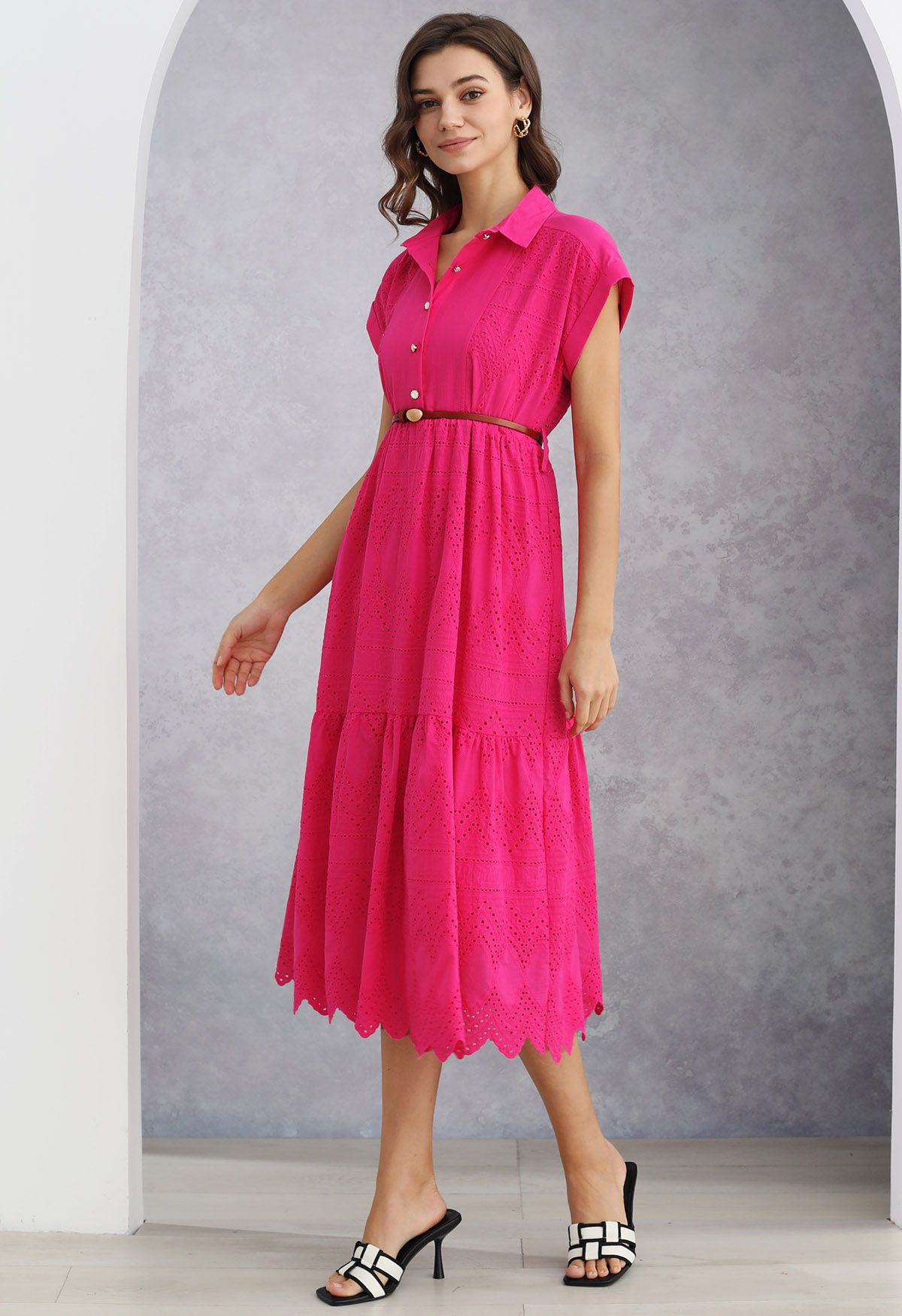 Collared Eyelet Embroidery Buttoned Midi Dress in Hot Pink