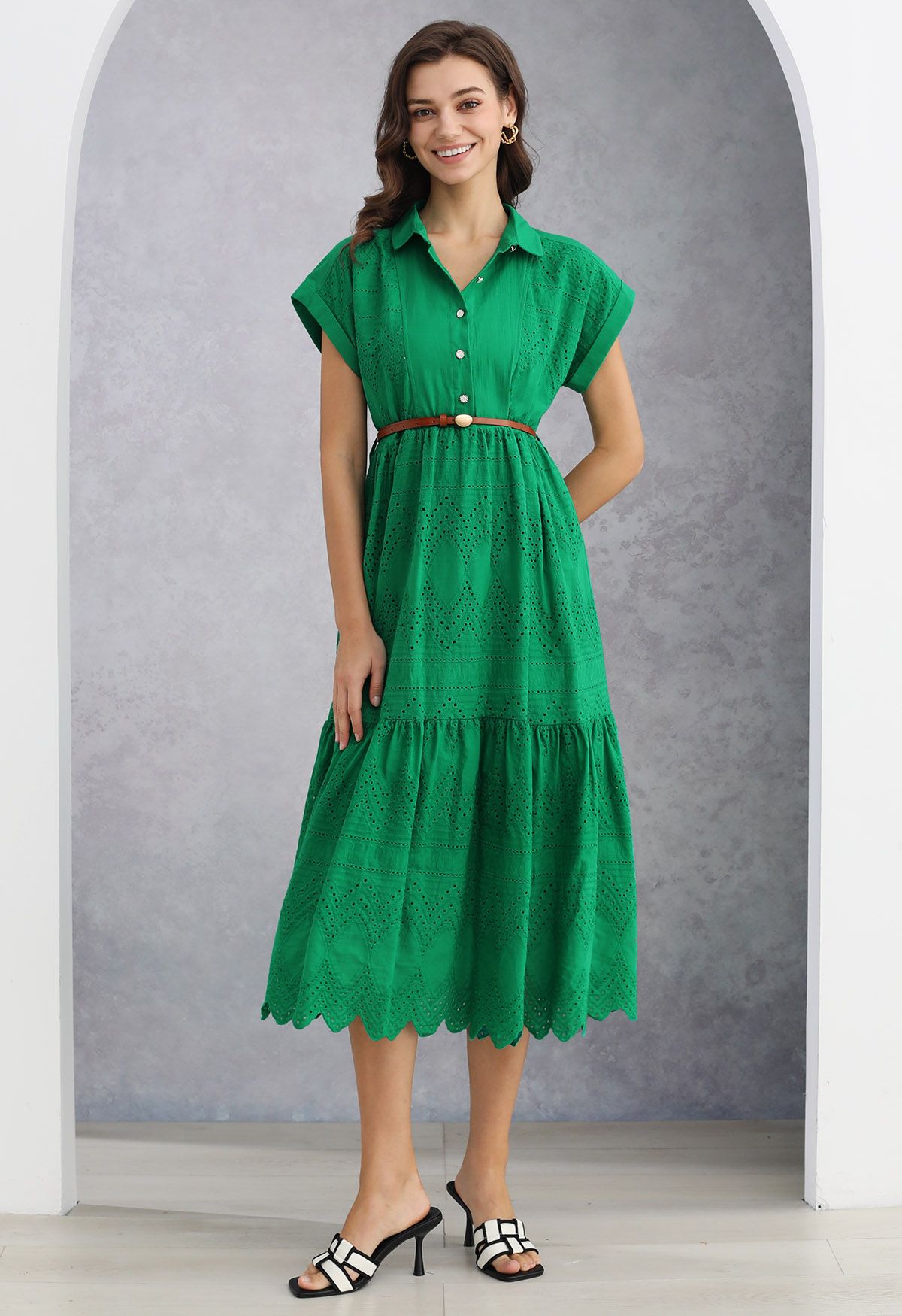 Collared Eyelet Embroidery Buttoned Midi Dress in Green